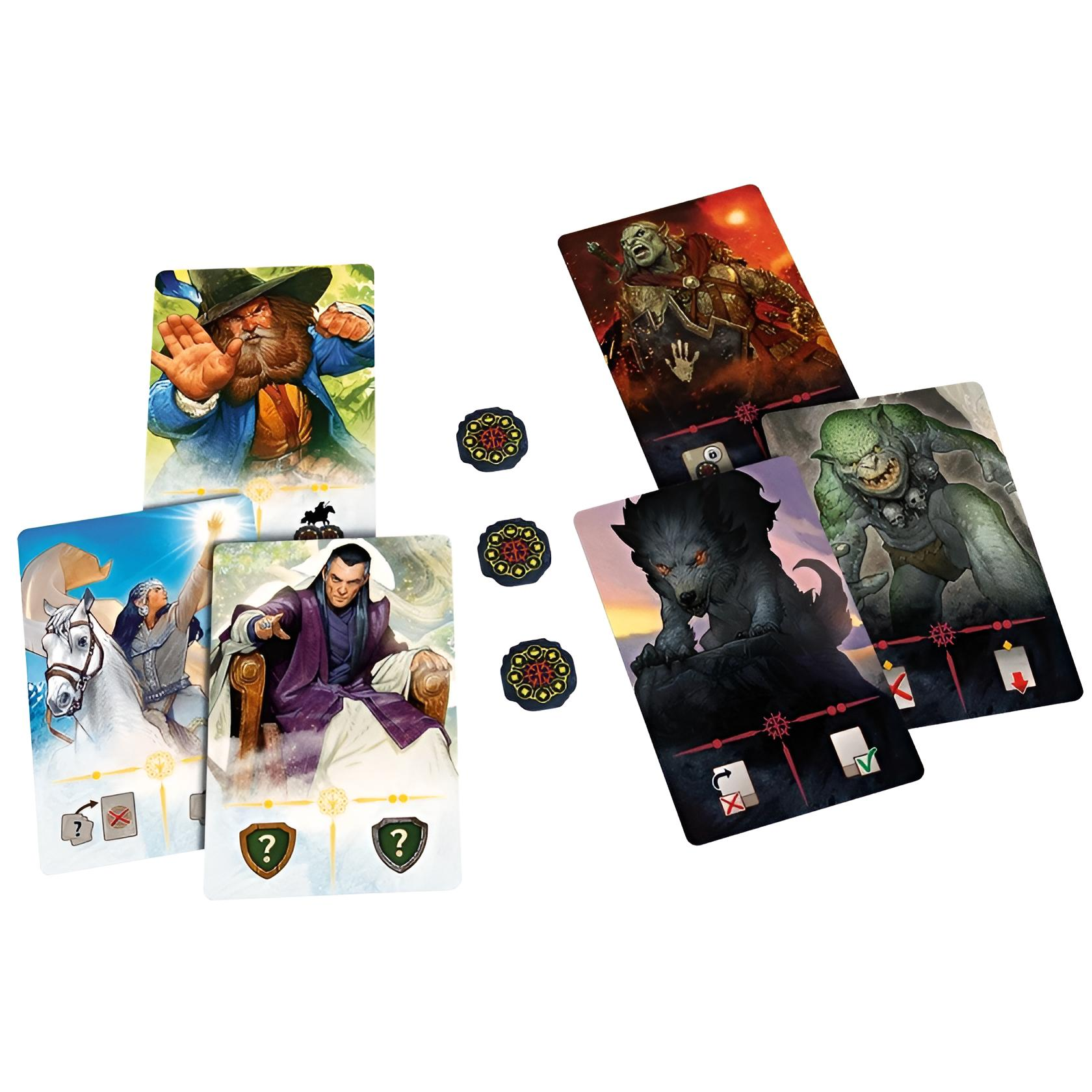 Spielkarten mit Fantasiefiguren: ein Zwerg, ein Mann, ein Wolf und ein Ork.
