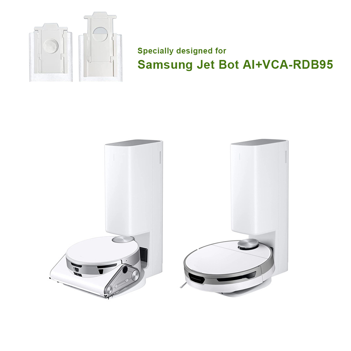 Dwa białe roboty sprzątające ze stacjami ładującymi i dwoma workami na kurz.