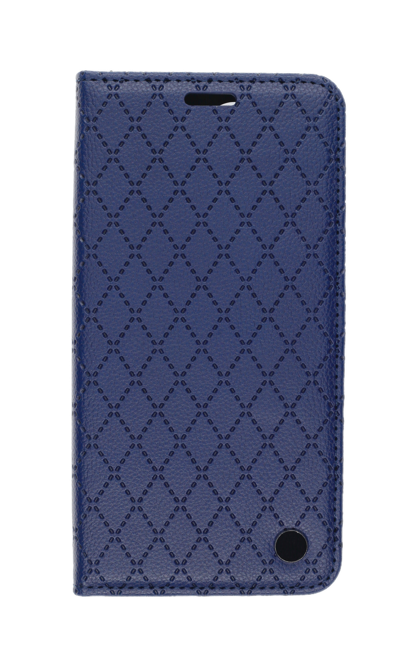 Dunkelblaue Handyhülle mit Rautenmuster und Nahtdetails.