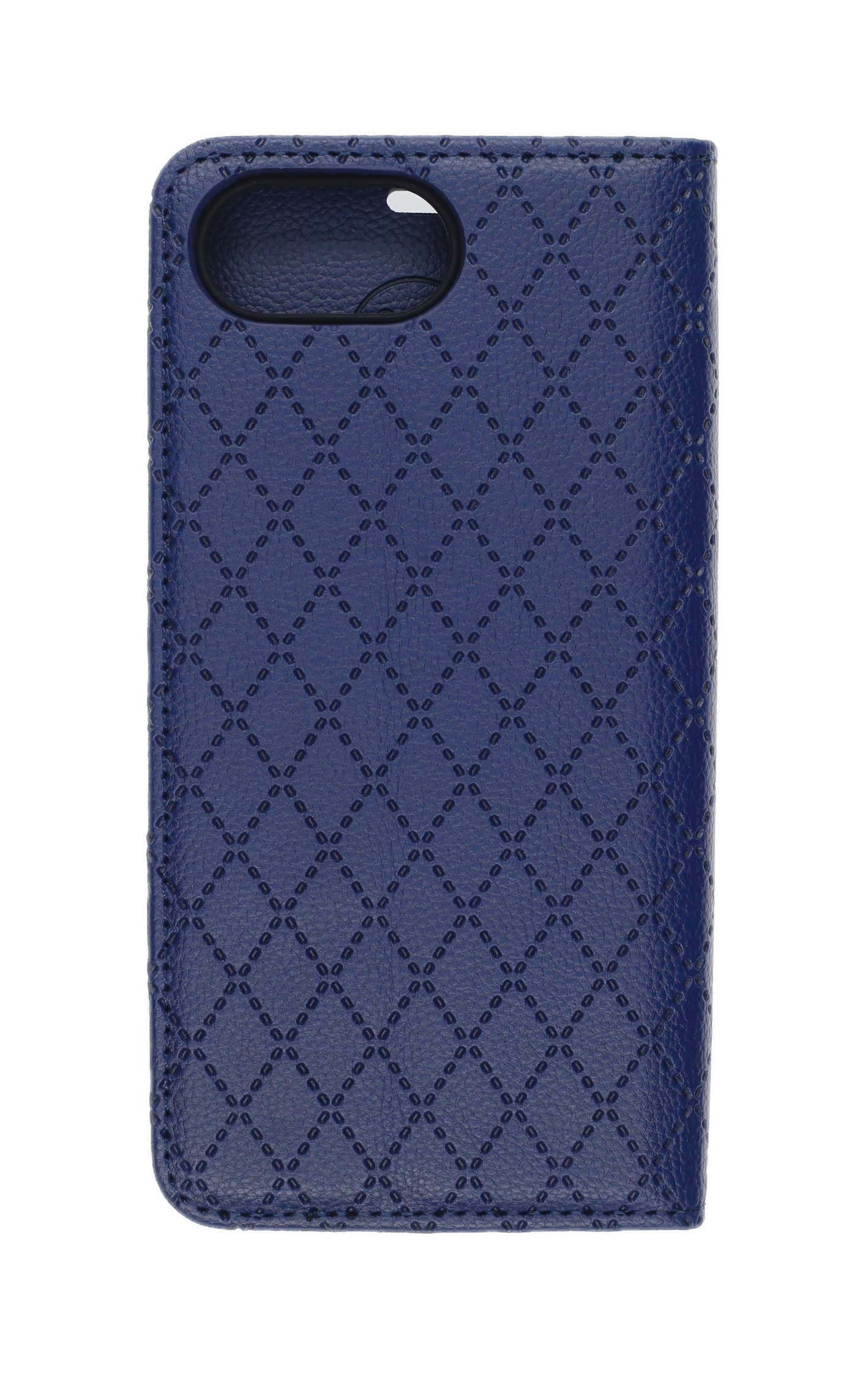 Dunkelblaue Handyhülle mit Rautenmuster und Nahtdetails.