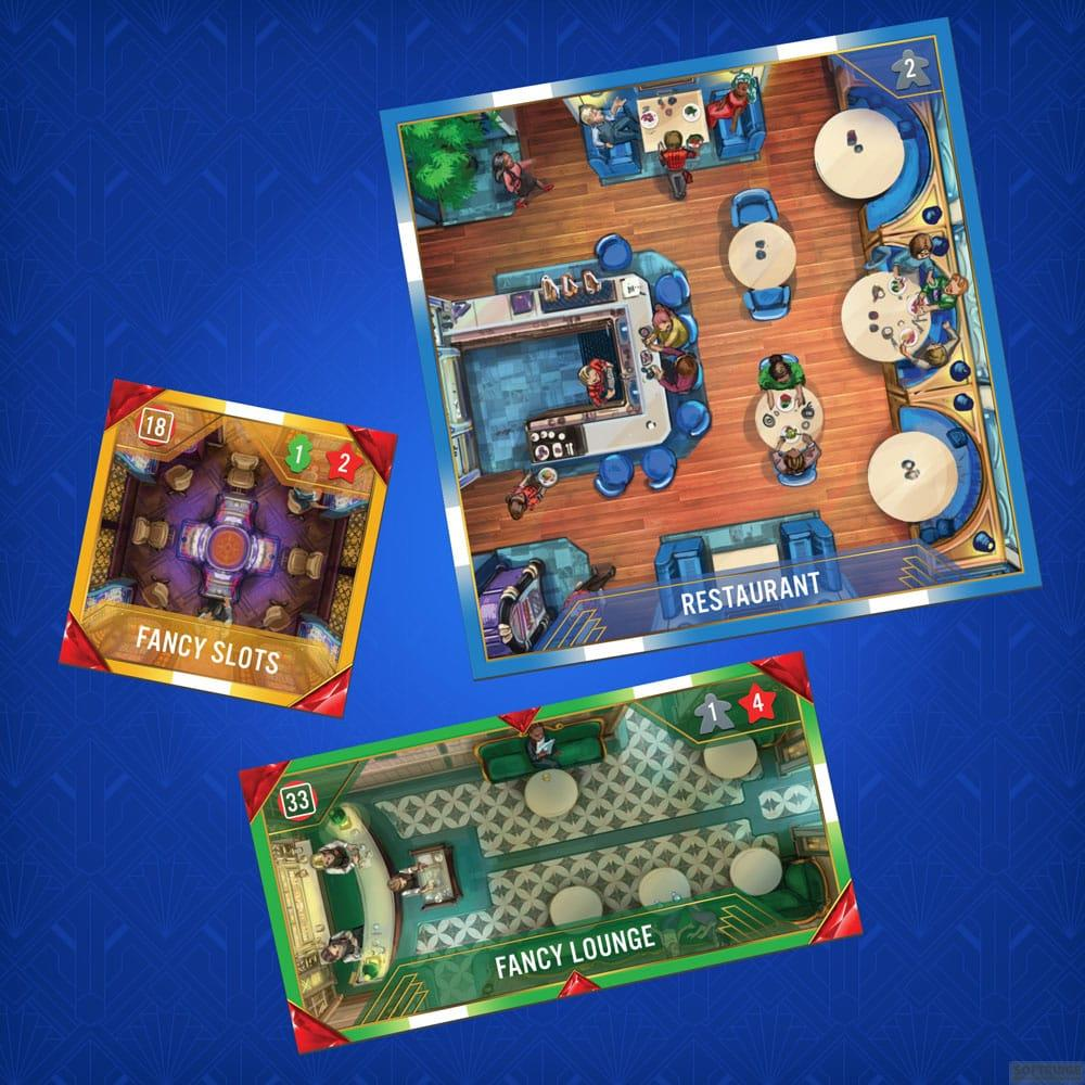 Tre tavoli da gioco: Ristorante, Slot machine di lusso e Lounge di lusso, con pezzi e tavoli.