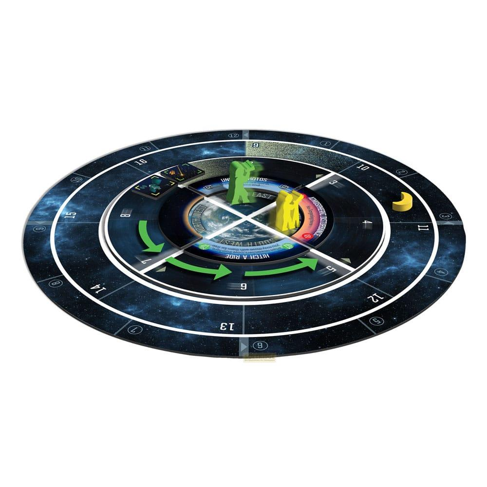 Un gioco da tavolo rotondo a tema spaziale, con numeri e pedine.