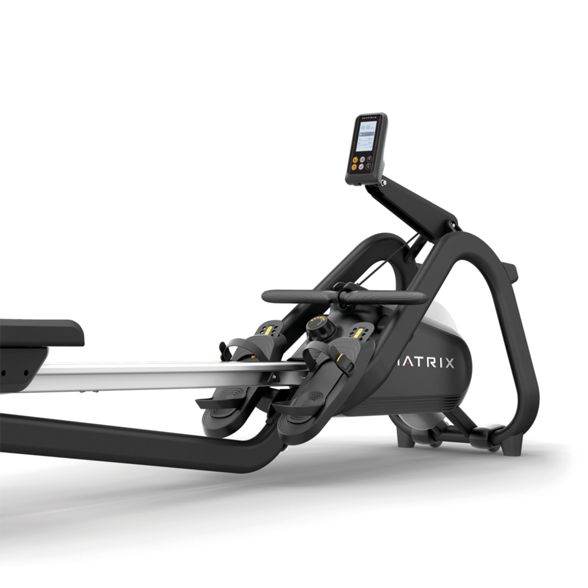 A black rowing machine with a silver seat rail and a display screen.
