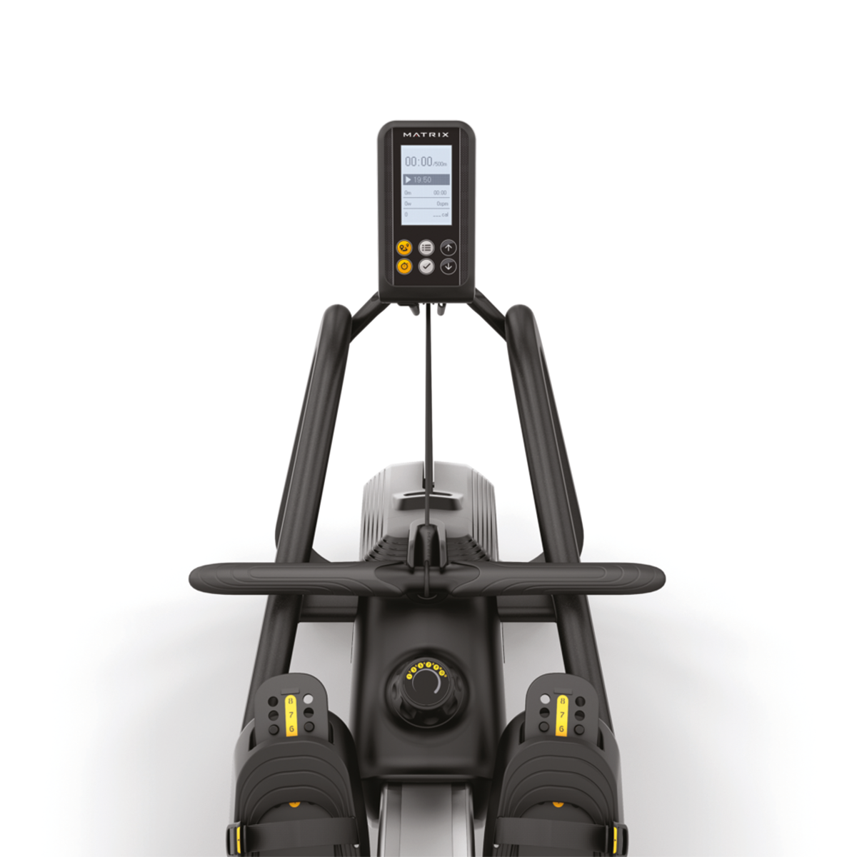A black rowing machine with a digital display, handle, foot straps, and resistance dial.