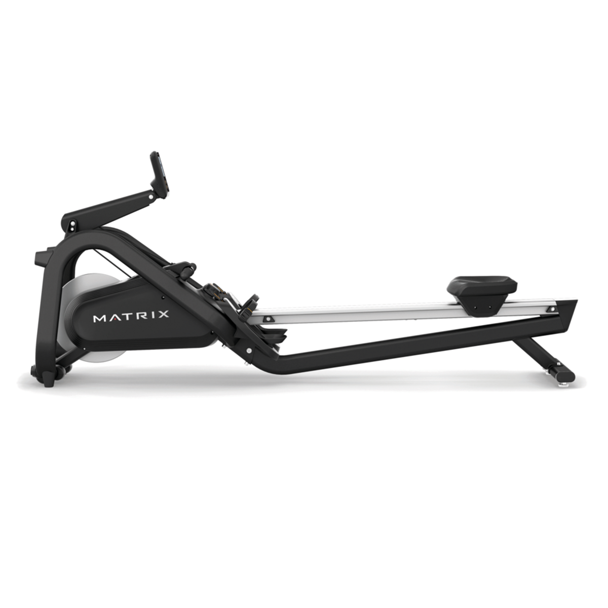 A black rowing machine with a silver rail and seat. The word MATRIX is on the housing.