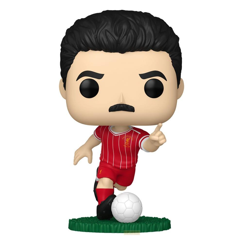 Statua Funko Pop di uomo con baffi in divisa da calcio rossa.