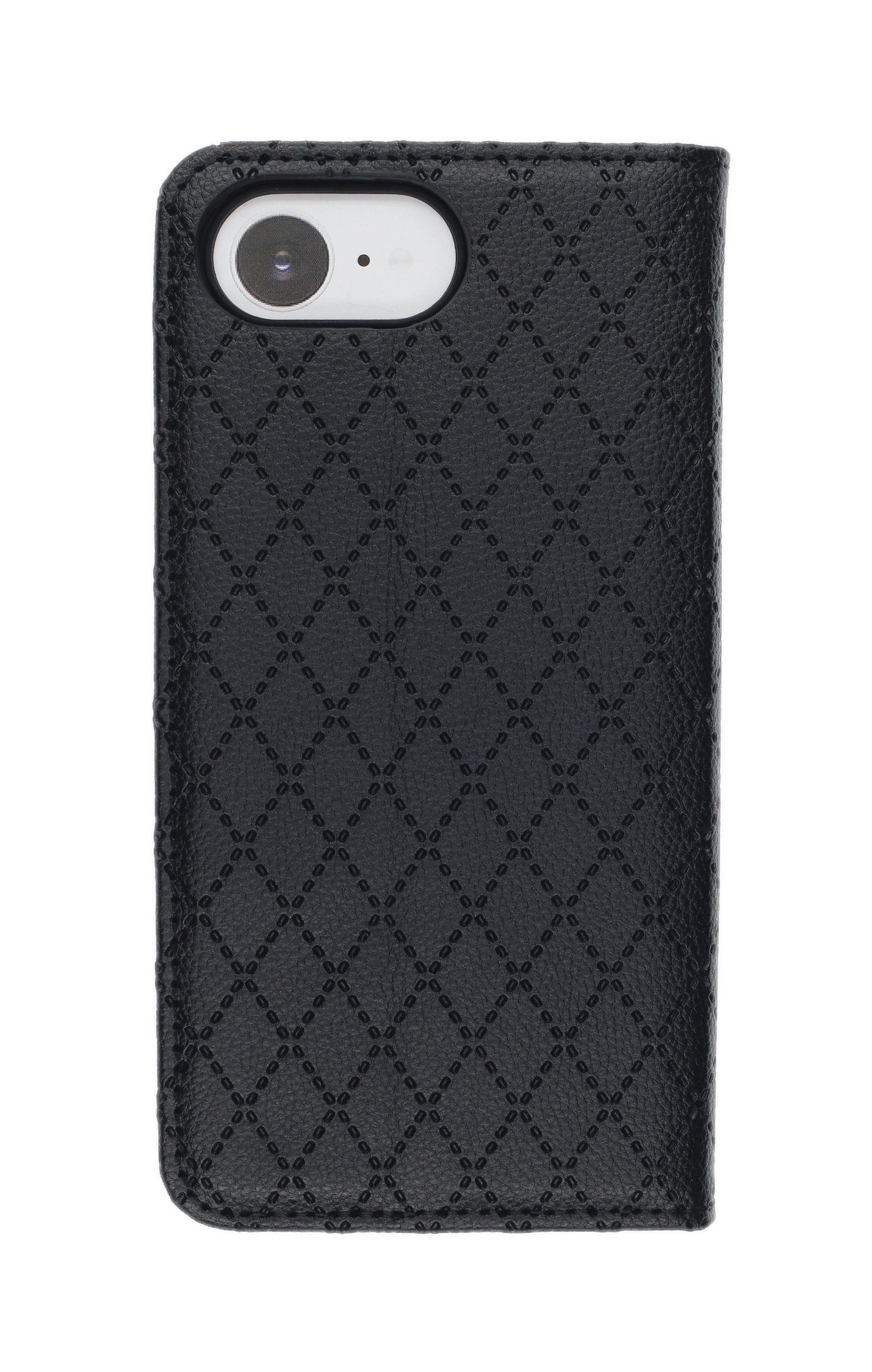 Schwarzes Handycover mit Rautenmuster und Kameraloch.