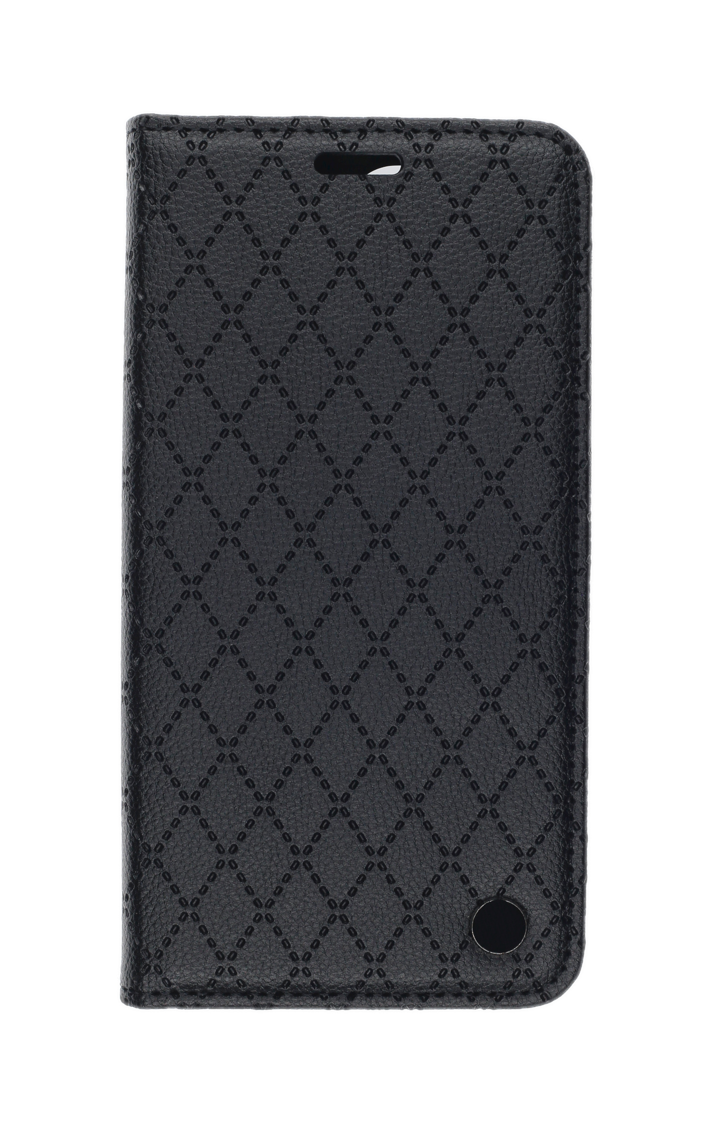 Schwarzes Handycover mit Rautenmuster und Loch oben links.