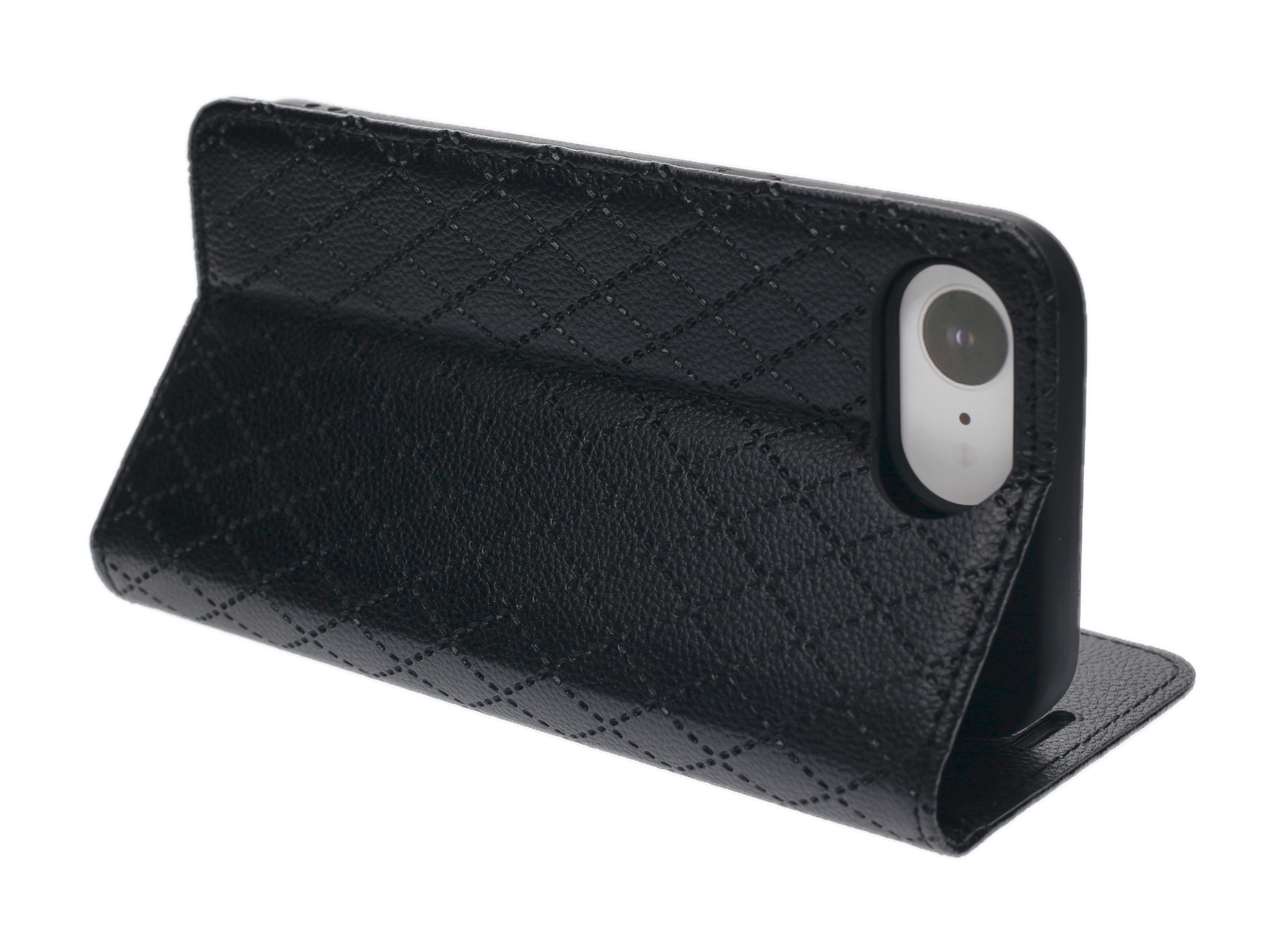 Schwarzes Leder-Flip-Case mit Rautensteppung für ein Smartphone.