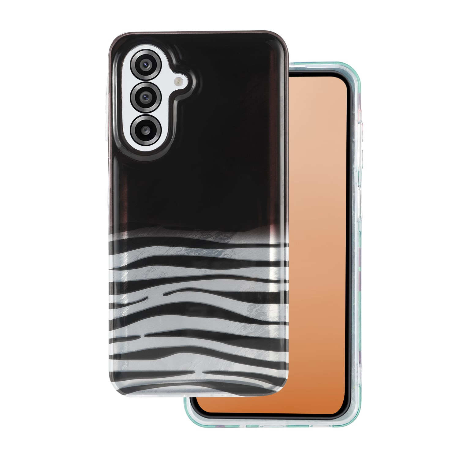 Handyhülle mit schwarzem und silbernem Zebra-Muster, neben einem Smartphone.