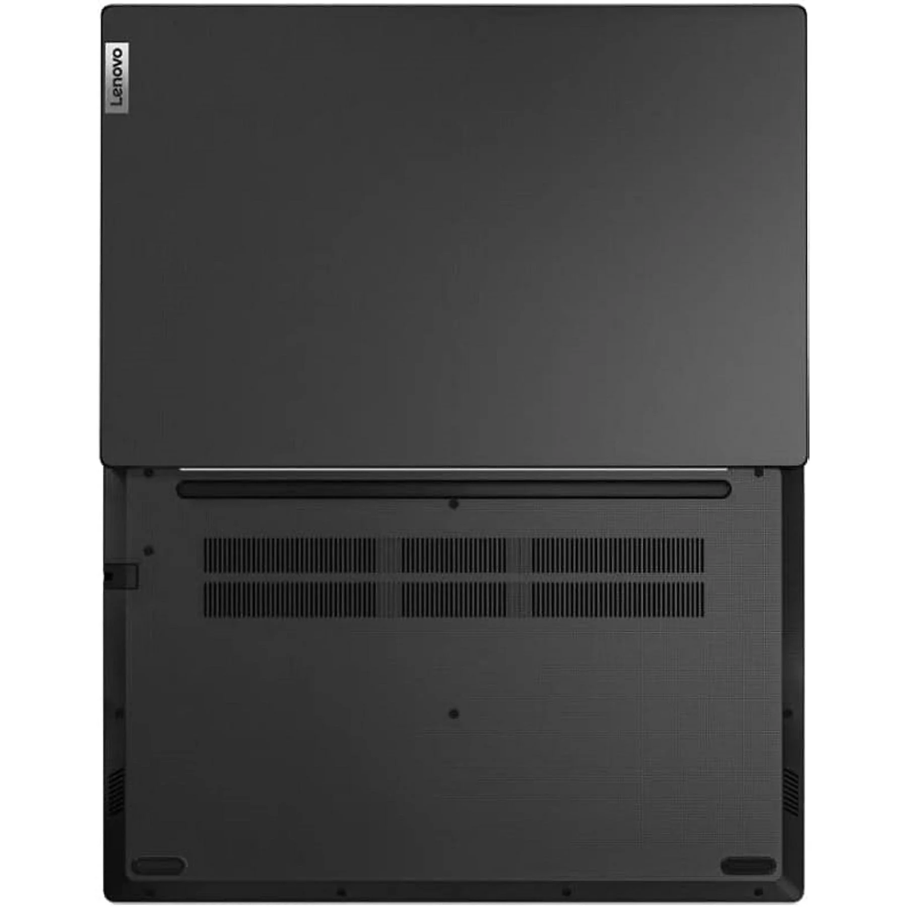 Draufsicht eines geschlossenen schwarzen Lenovo Laptops mit Lüftungsschlitzen unten.