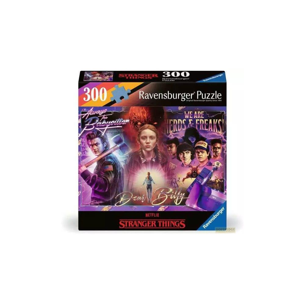 Puzzle Ravensburger da 300 pezzi di Stranger Things con personaggi e titolo.