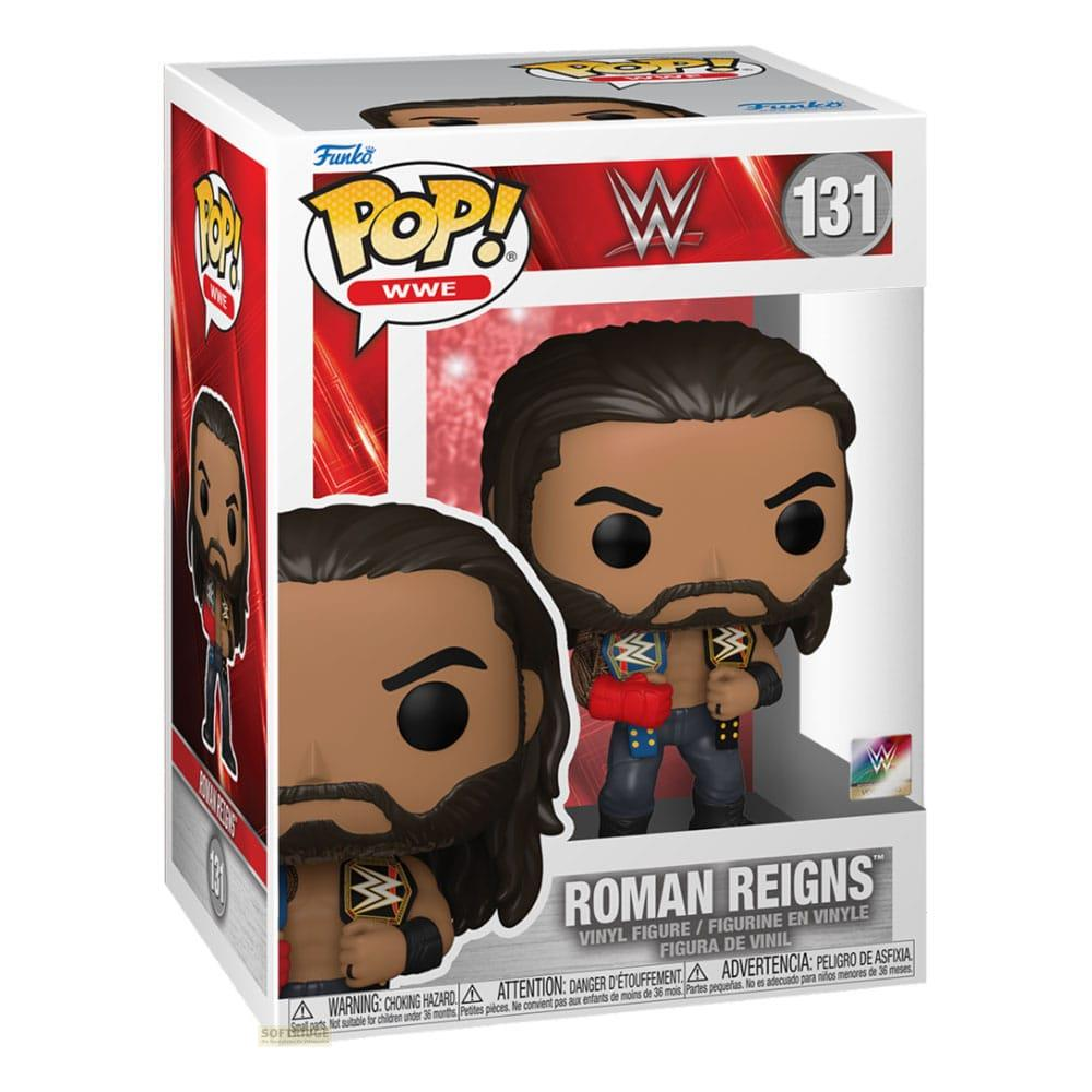 Action figure Funko Pop! WWE Roman Reigns con cintura WWE e borsello rosso. Scatola.