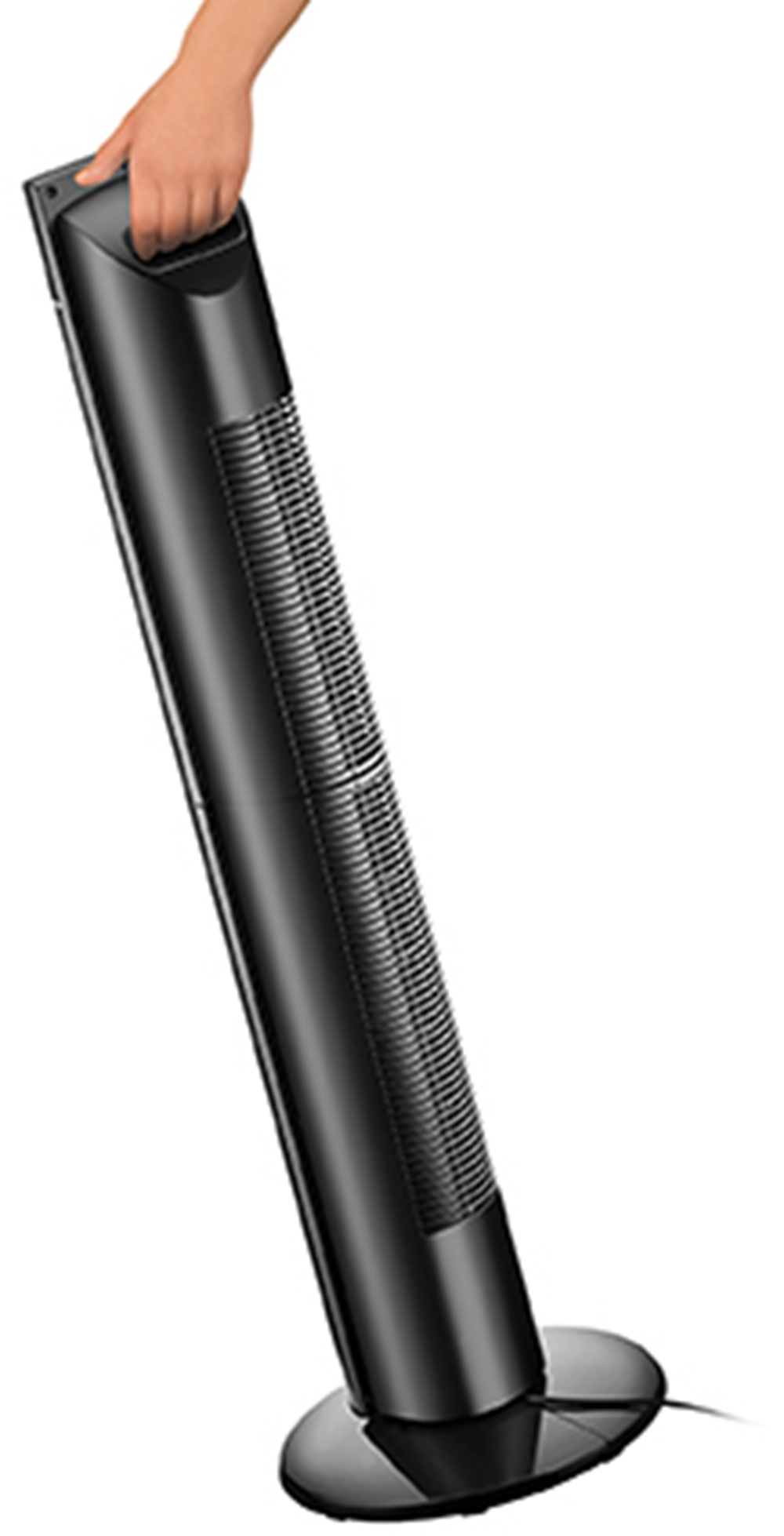 Czarny wentylator wieżowy z uchwytem trzymanym przez rękę.