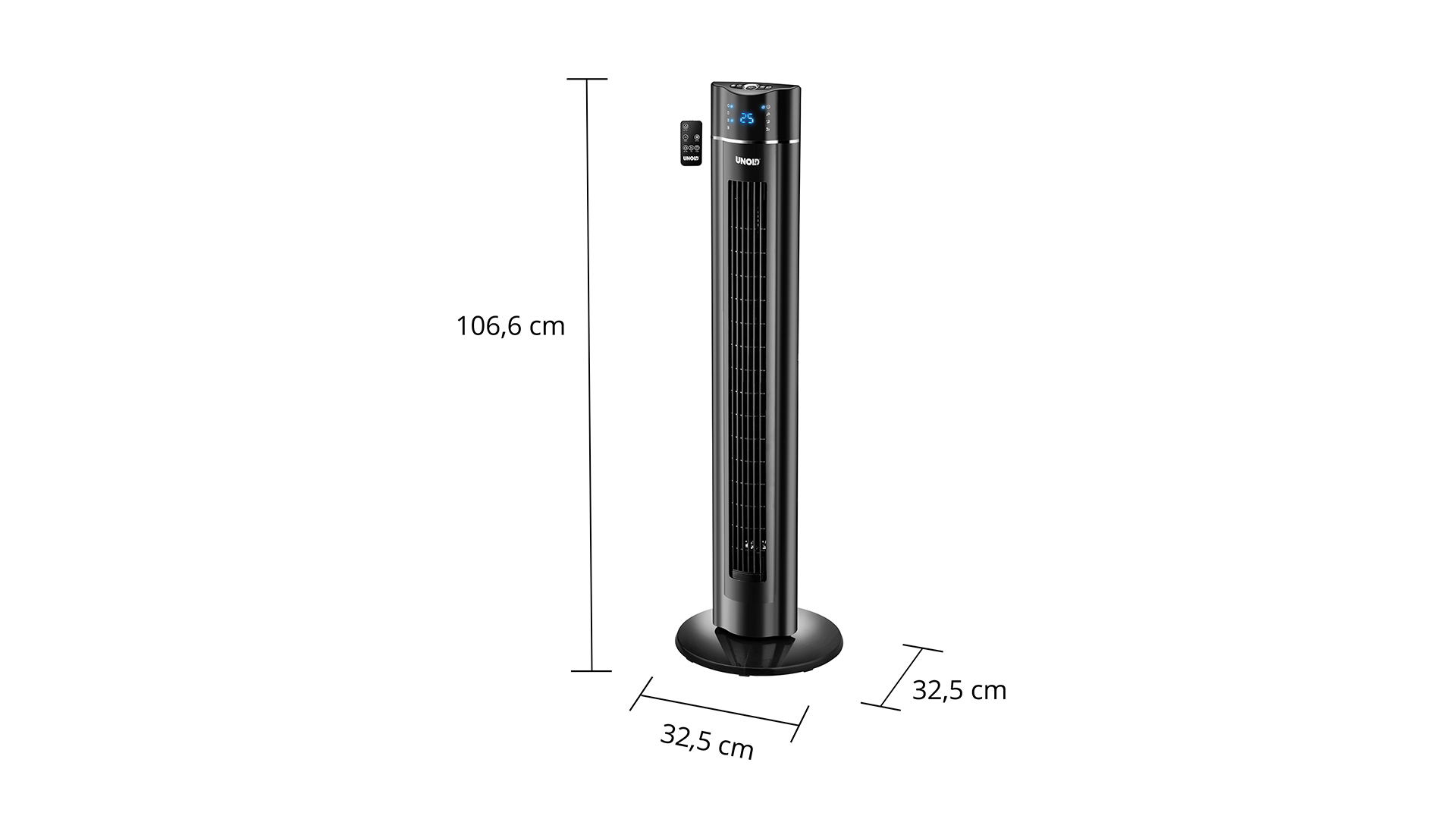 Schwarzer Turmventilator mit Fernbedienung, 106,6 cm hoch, 32,5 cm breit.