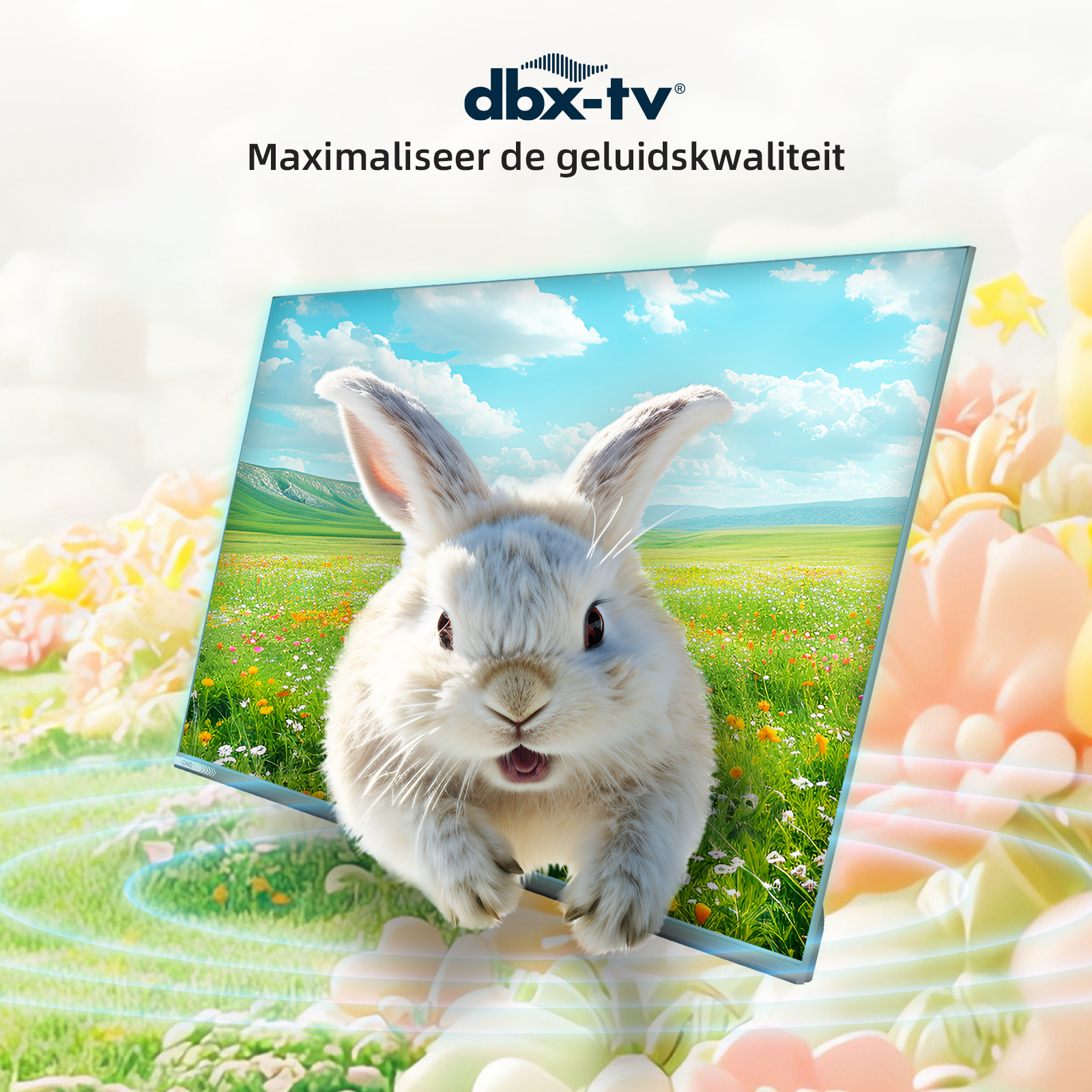 A white rabbit peeks from a screen into a field of flowers.