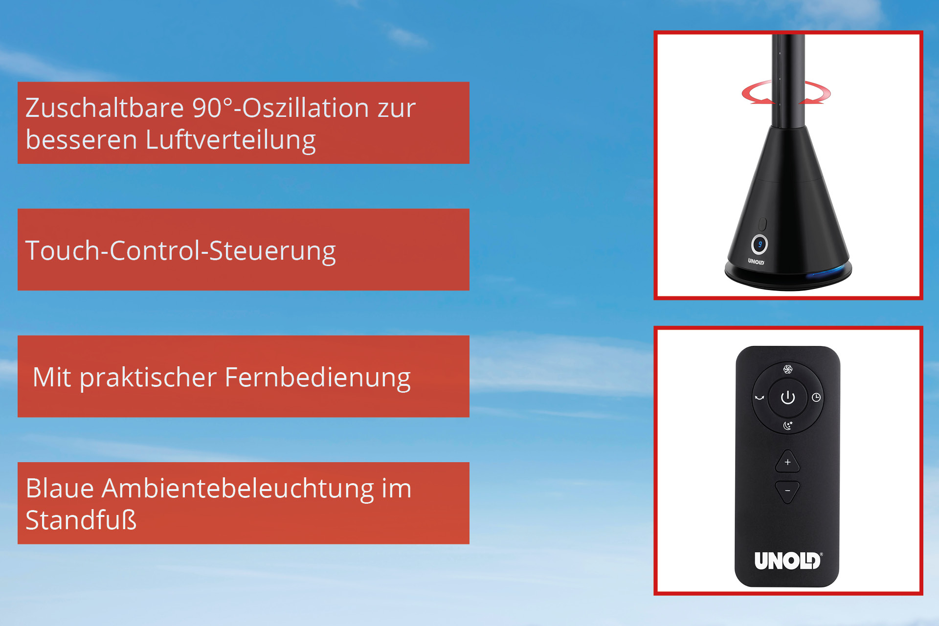 Ein schwarzer Turmventilator mit Fernbedienung und blauer Beleuchtung.