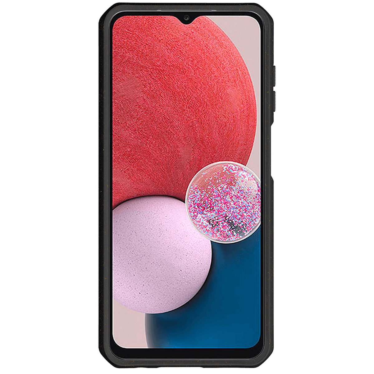 Un telefono nero con un design a bolle rosse e rosa sullo schermo.