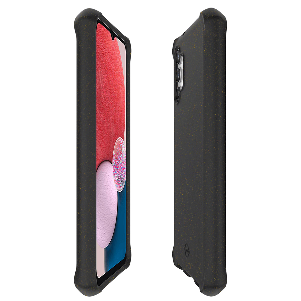 Custodia nera per telefono con modulo fotocamera e schermo visibili.