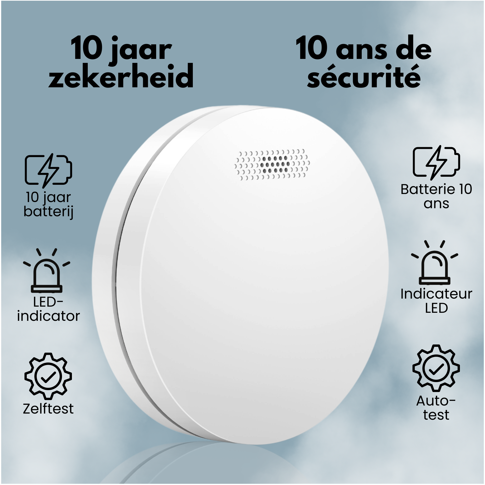 A white smoke detector with text indicating 10 years of security.