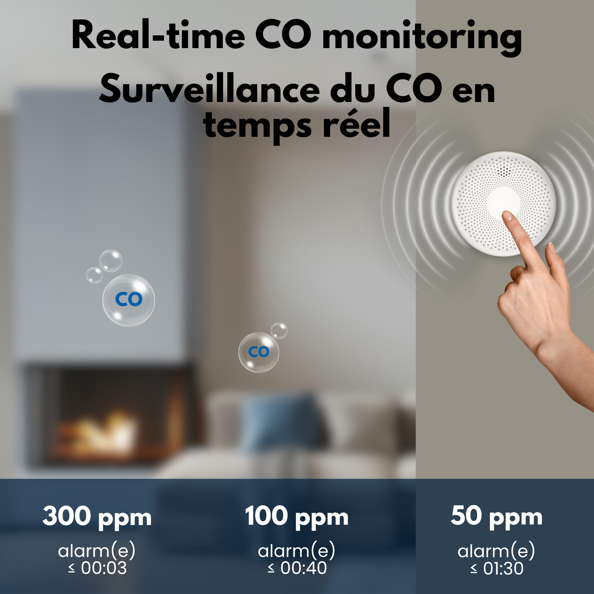 CO detector with alarm times at 300, 100, and 50 ppm.