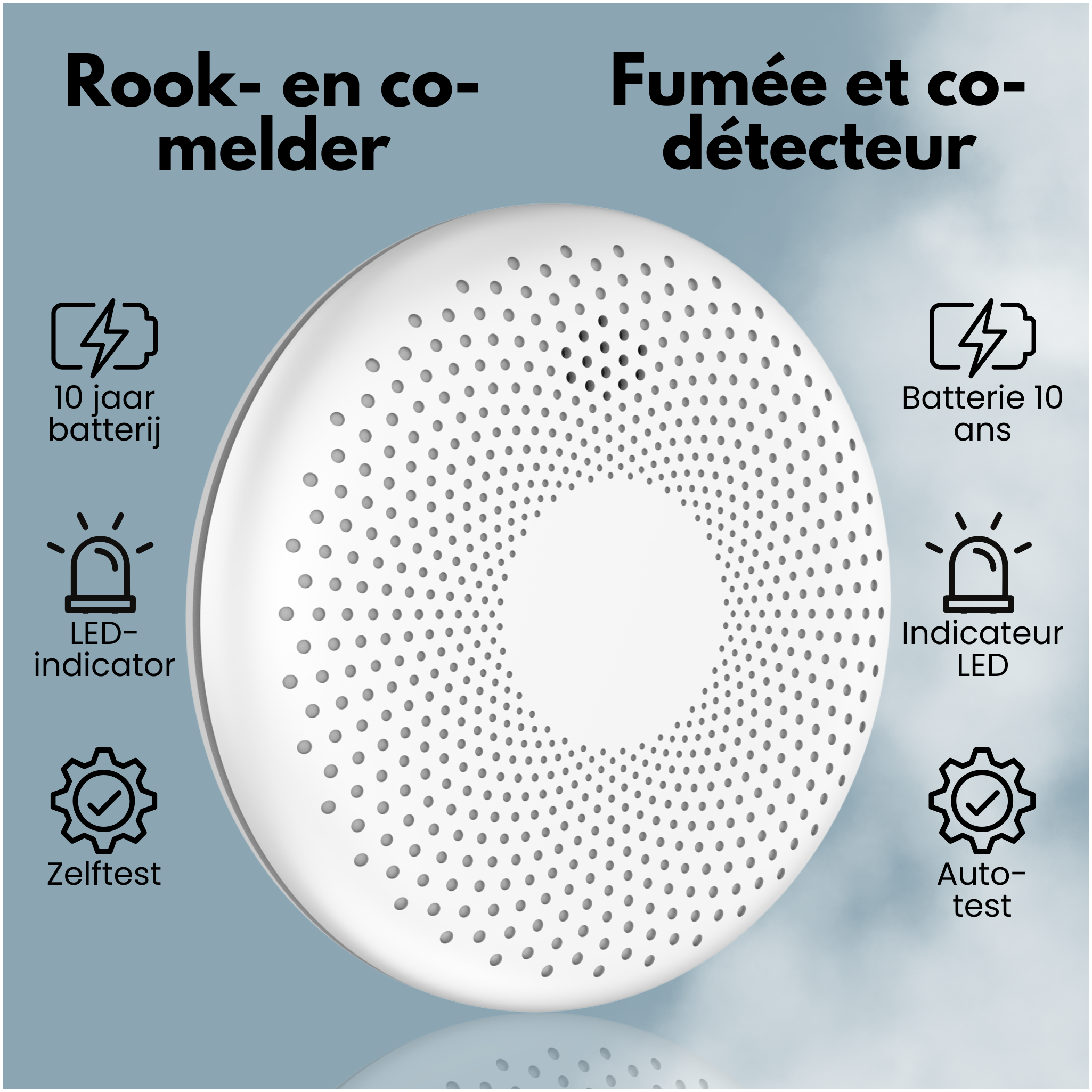 Smoke and CO detector with 10-year battery and LED indicator.