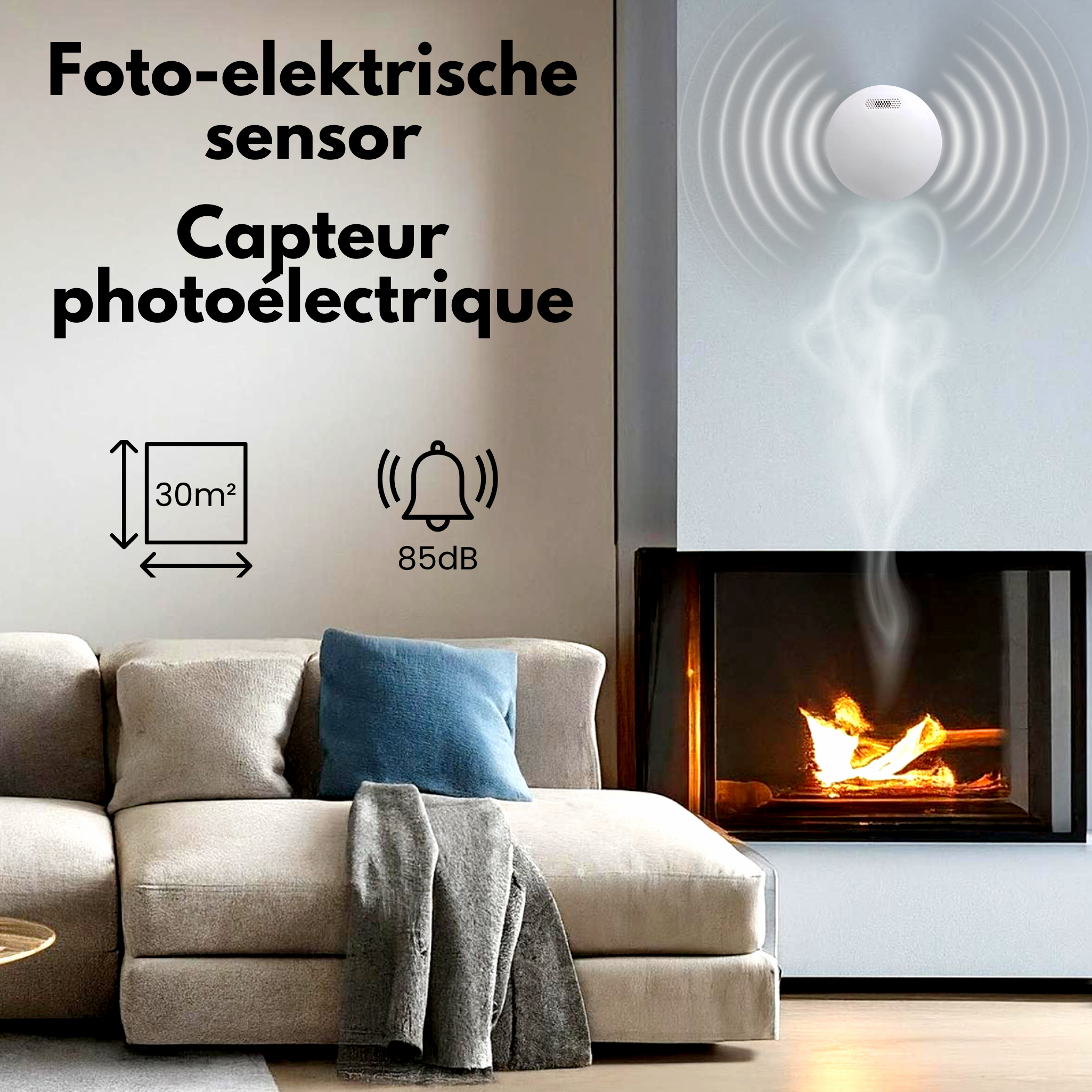 A white smoke detector on wall above fireplace with fire. Sofa nearby.