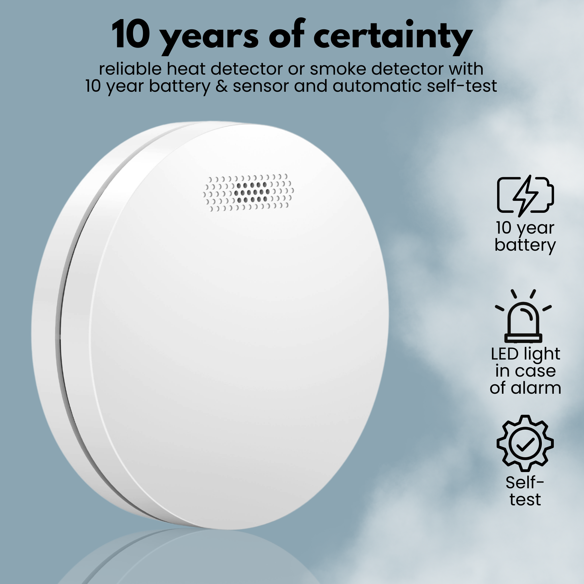A white smoke detector featuring a 10-year battery, LED light, and self-test.