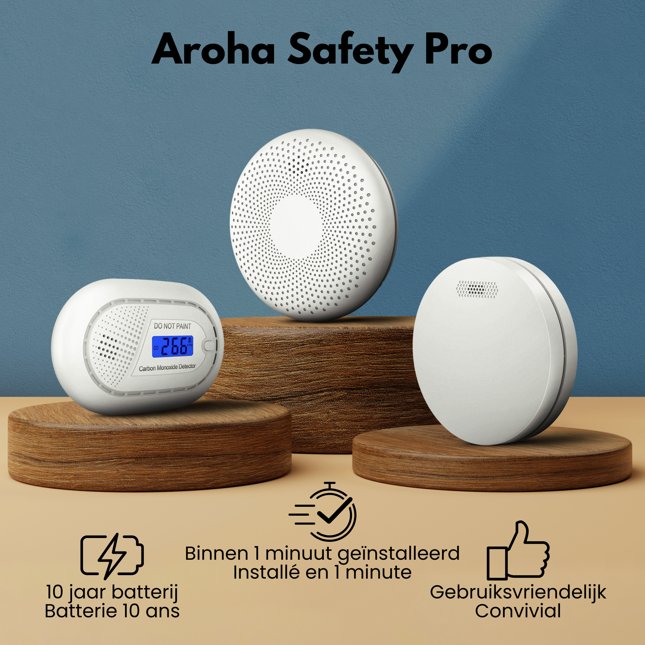 Three white carbon monoxide detectors on wooden stands against a blue background.