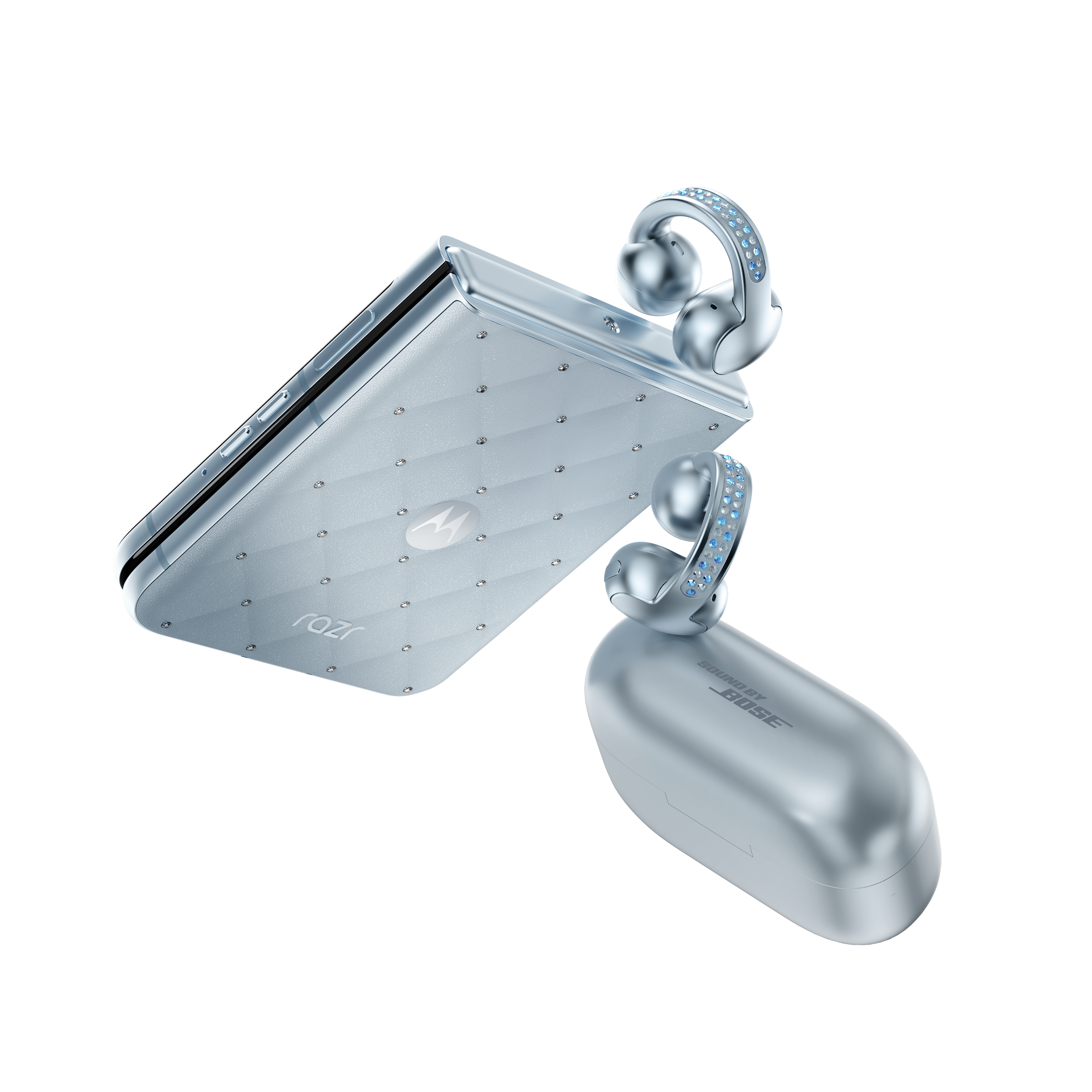 Srebrny telefon Motorola Razr ze słuchawkami i etui ładującym ozdobionymi niebieskimi klejnotami.