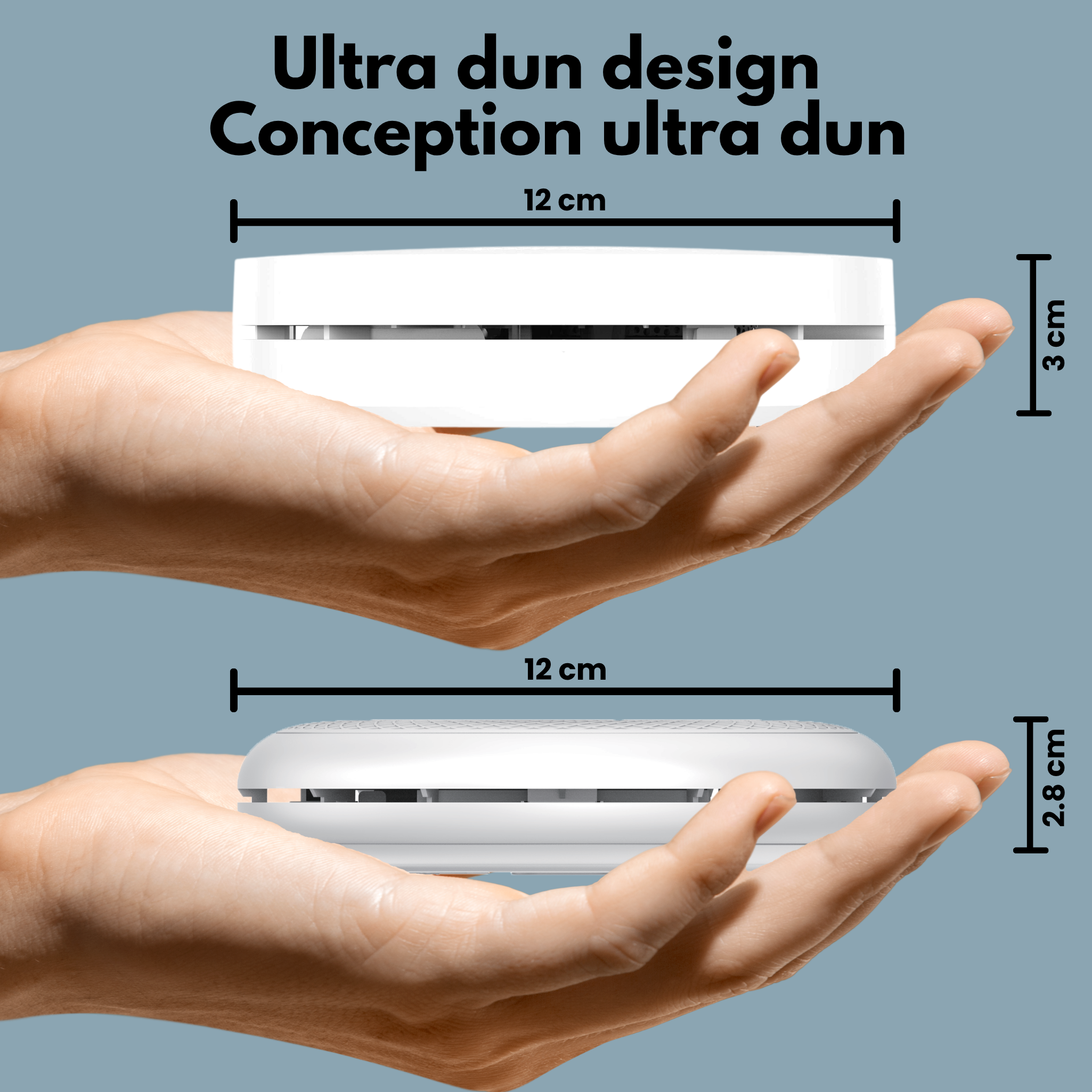 Two white devices held in hands. Top is 3cm high, bottom is 2.8cm high. Both 12cm long.