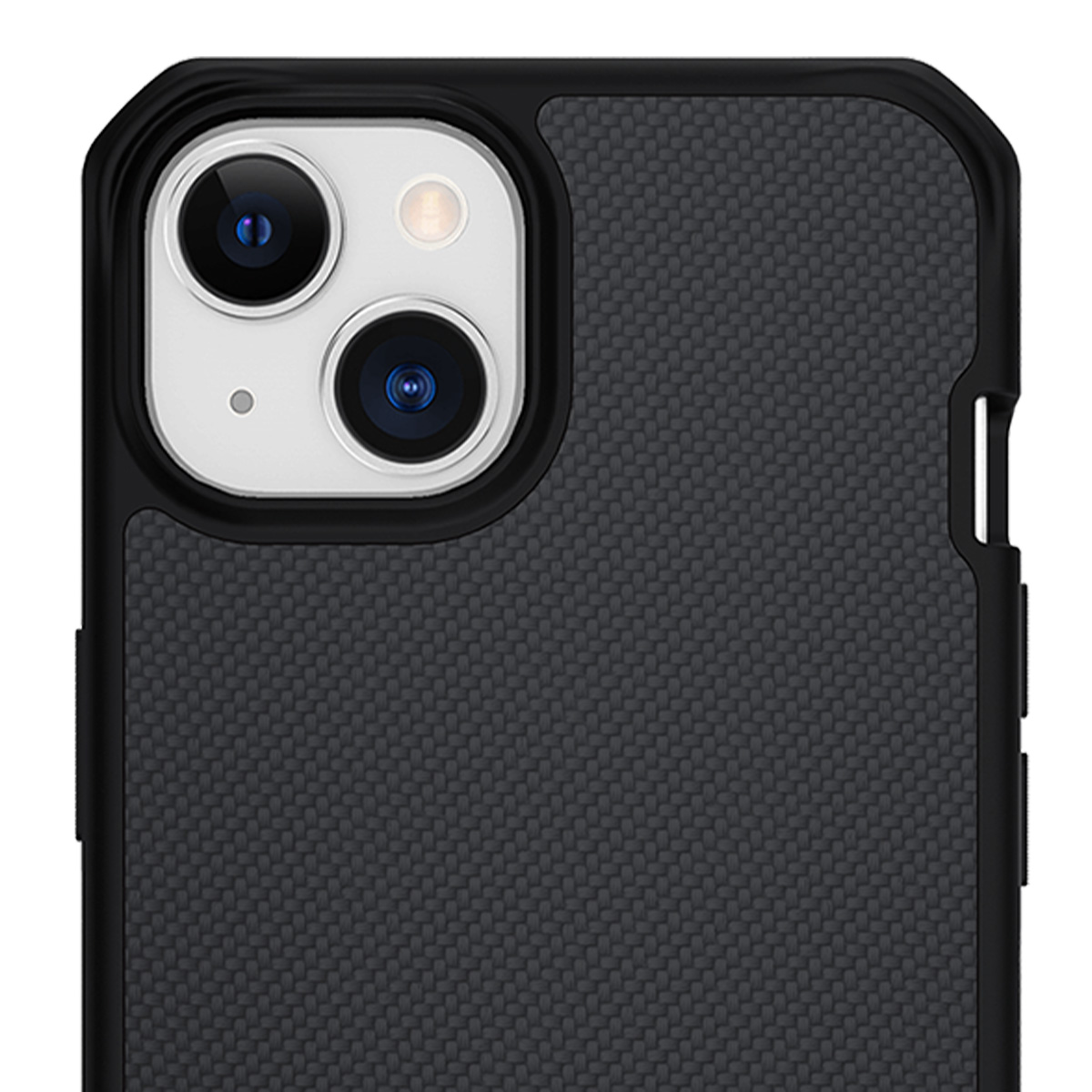 Custodia per telefono grigio scuro con sistema di fotocamera a doppia lente.