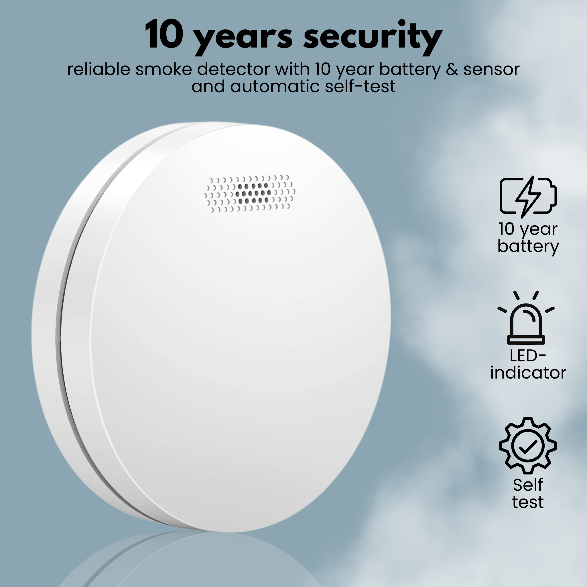 A white smoke detector with a 10-year battery, LED, and self-test icon.