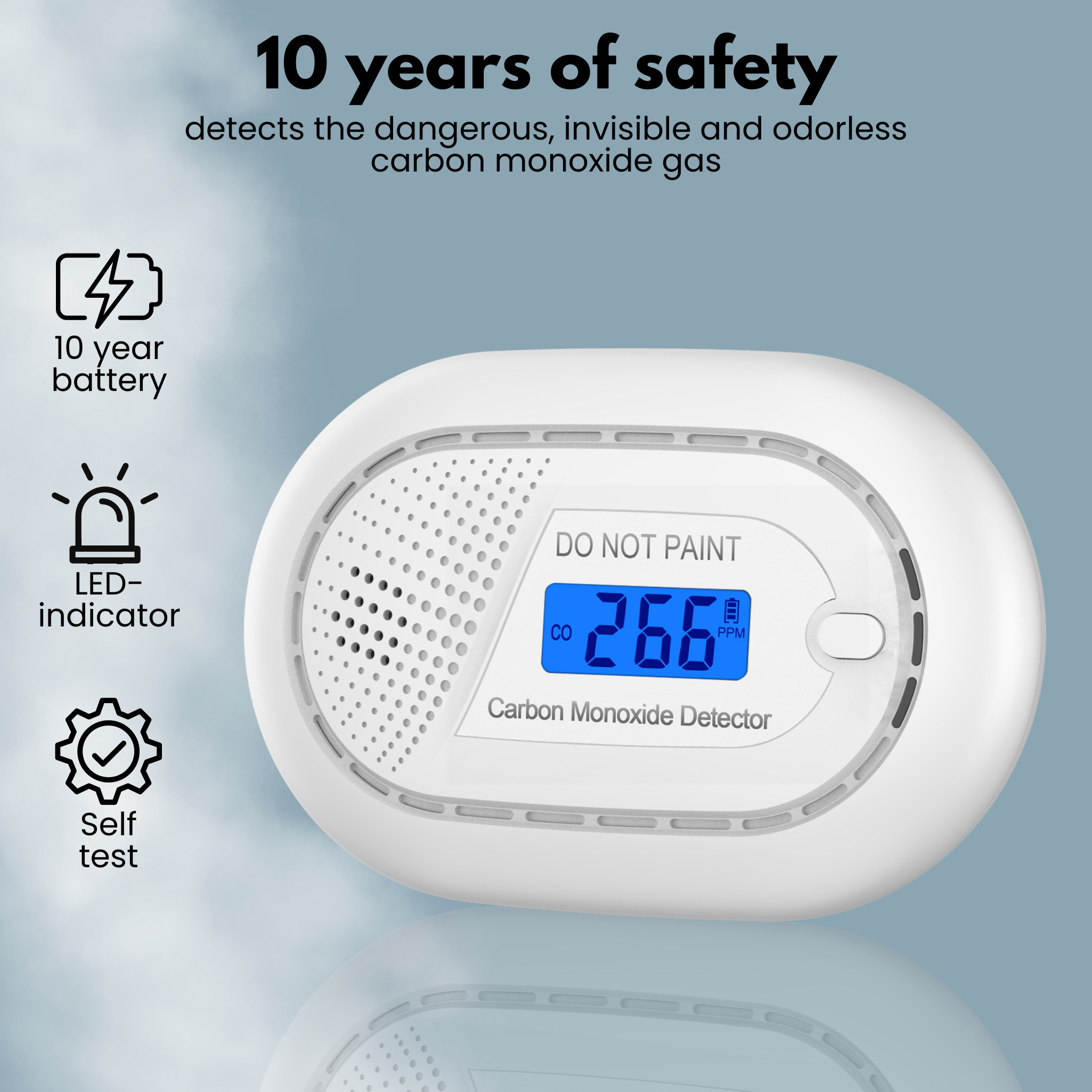 A white carbon monoxide detector with a blue display showing 266 PPM.