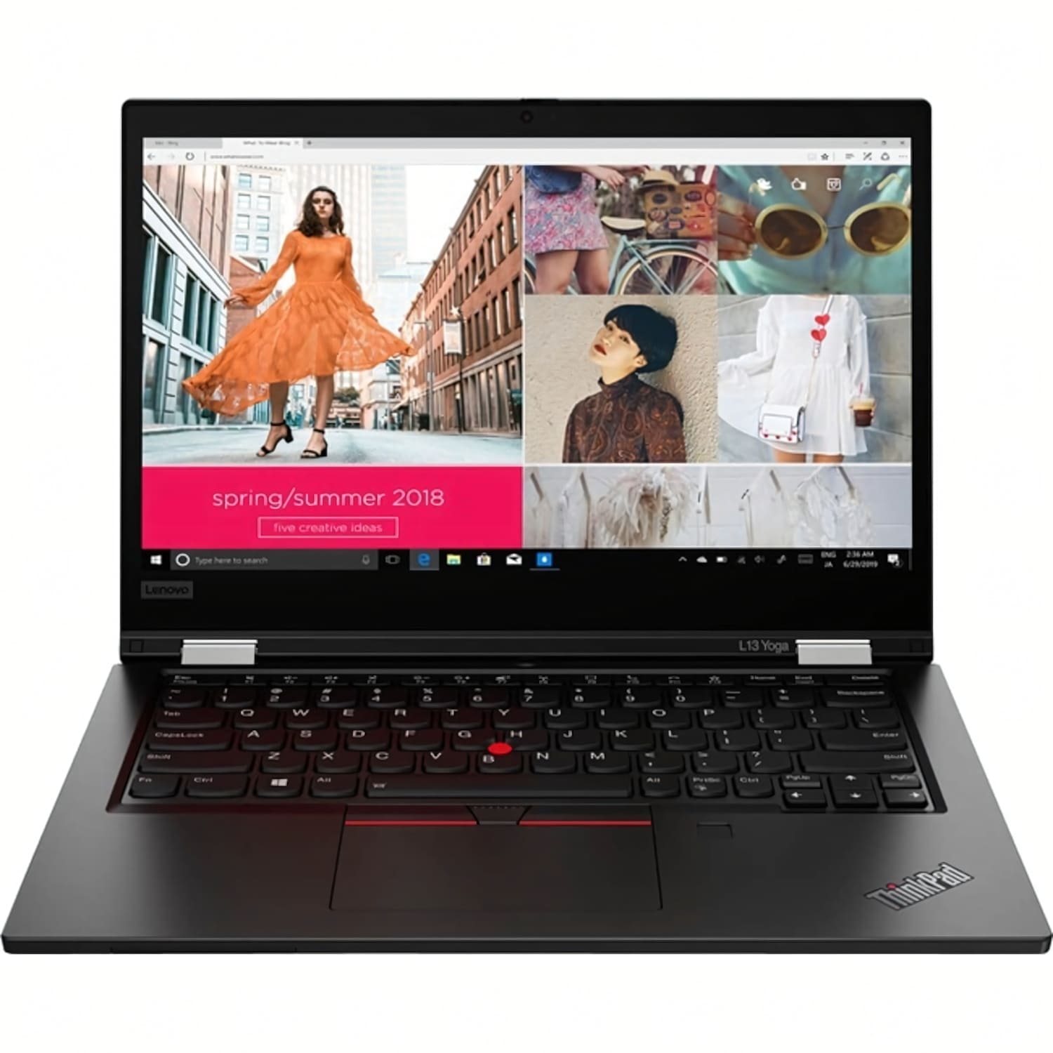 Un portátil Lenovo ThinkPad Yoga negro muestra una web de moda con vestidos.