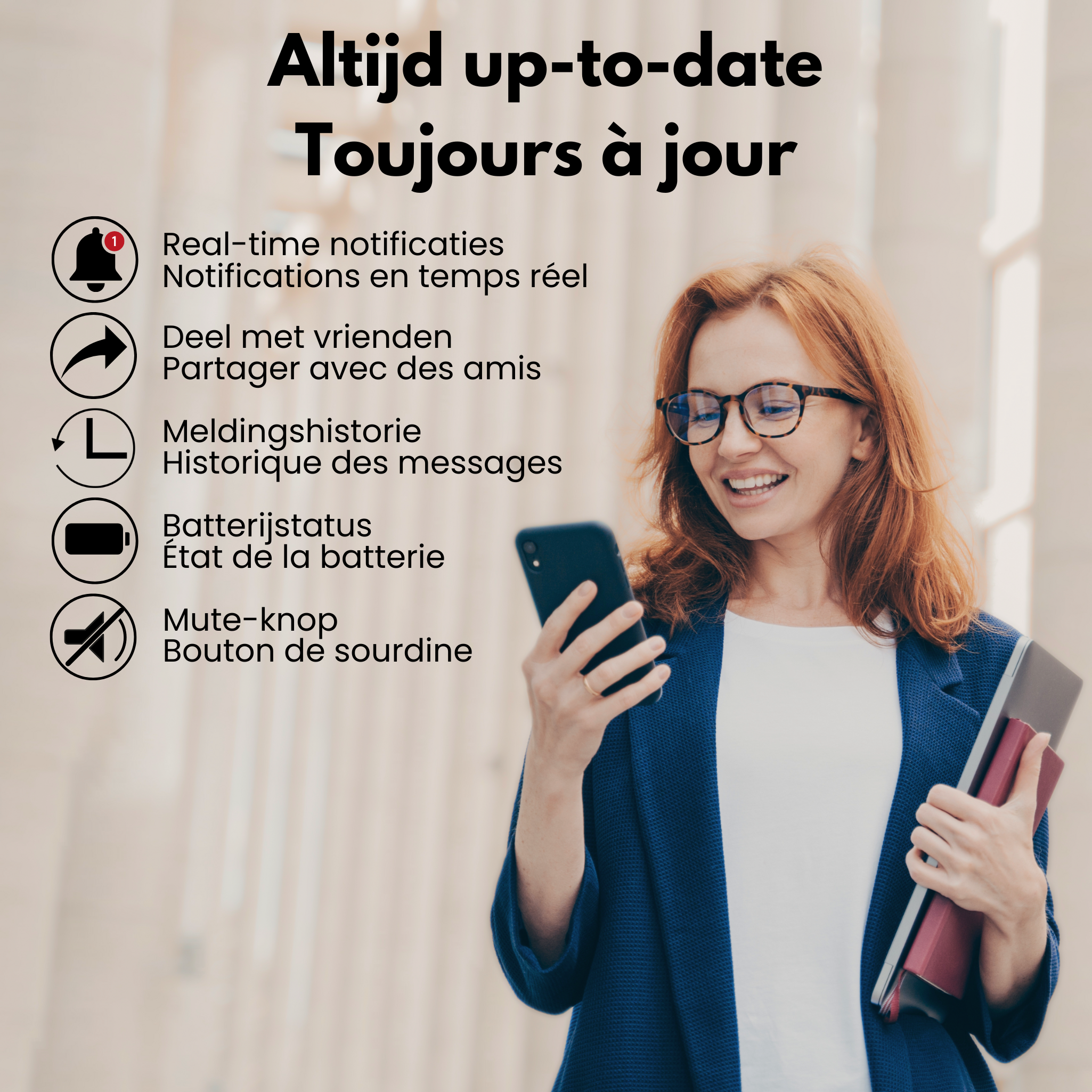 Vrouw met bril houdt telefoon vast. Iconen voor meldingen, delen, geschiedenis, batterij, mute.