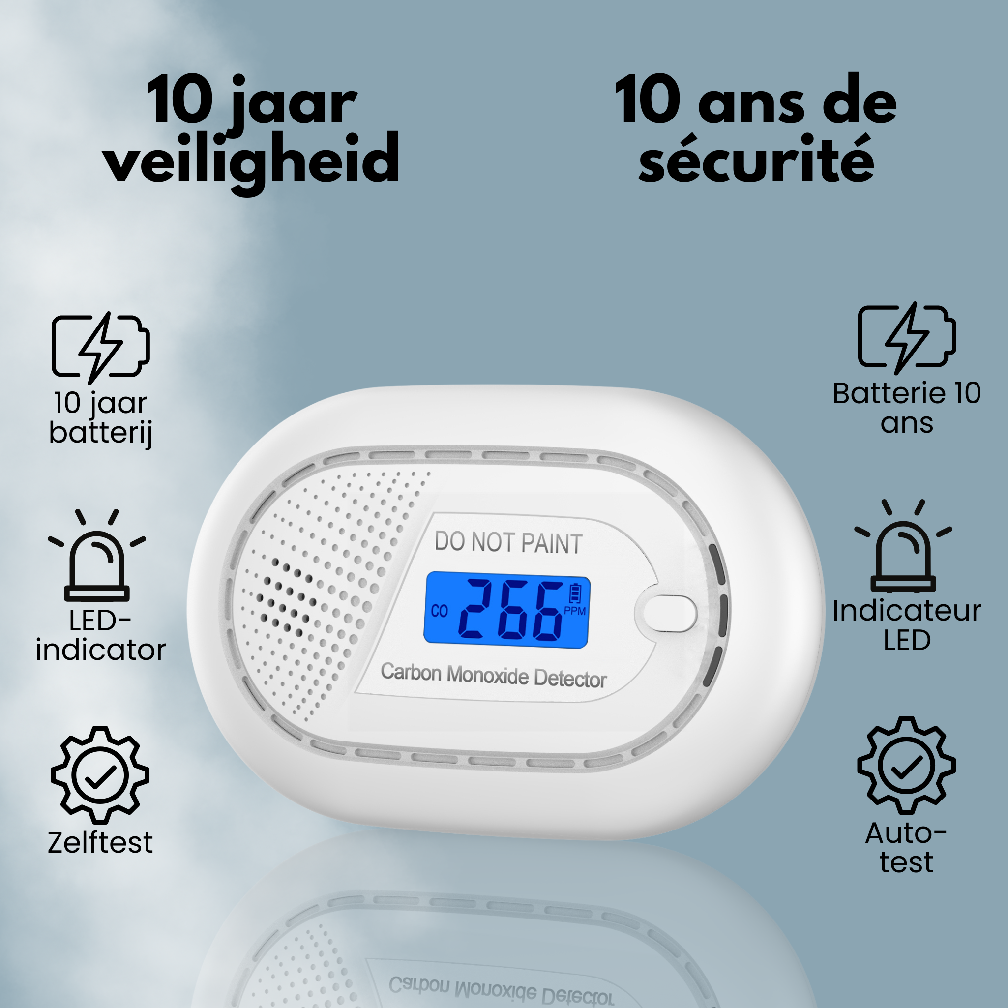 CO detector with 10-year battery, LED indicator, and auto-test.