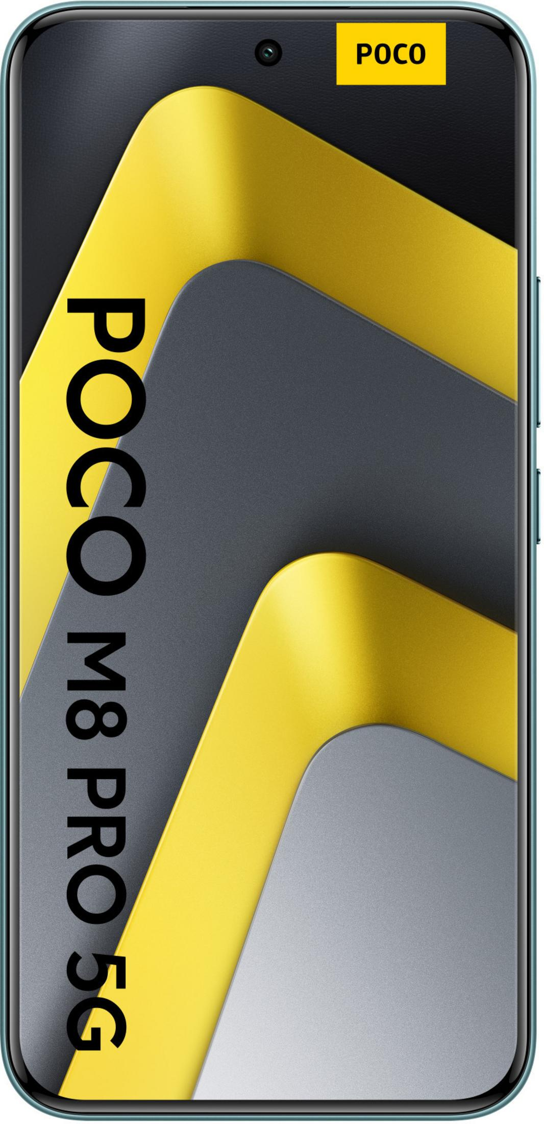 Smartfon POCO M8 PRO 5G z żółtymi i szarymi abstrakcyjnymi kształtami.