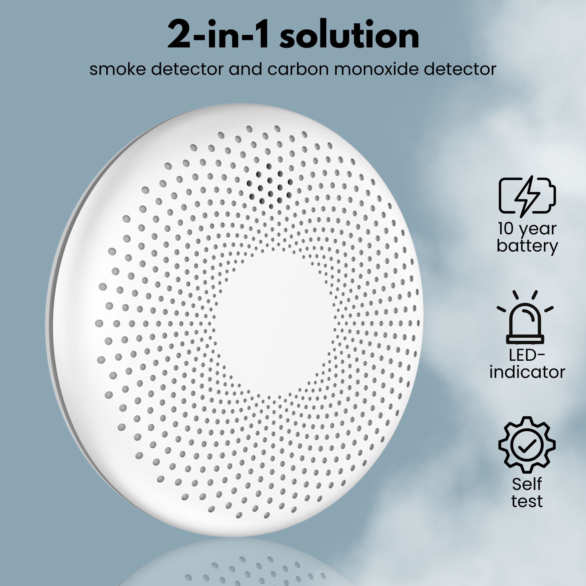 White smoke and carbon monoxide detector with 10-year battery and LED indicator.