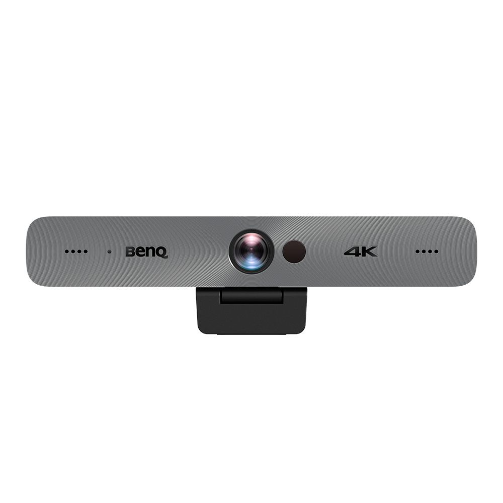 Webcam BenQ 4K grigia con obiettivo e foro microfono.