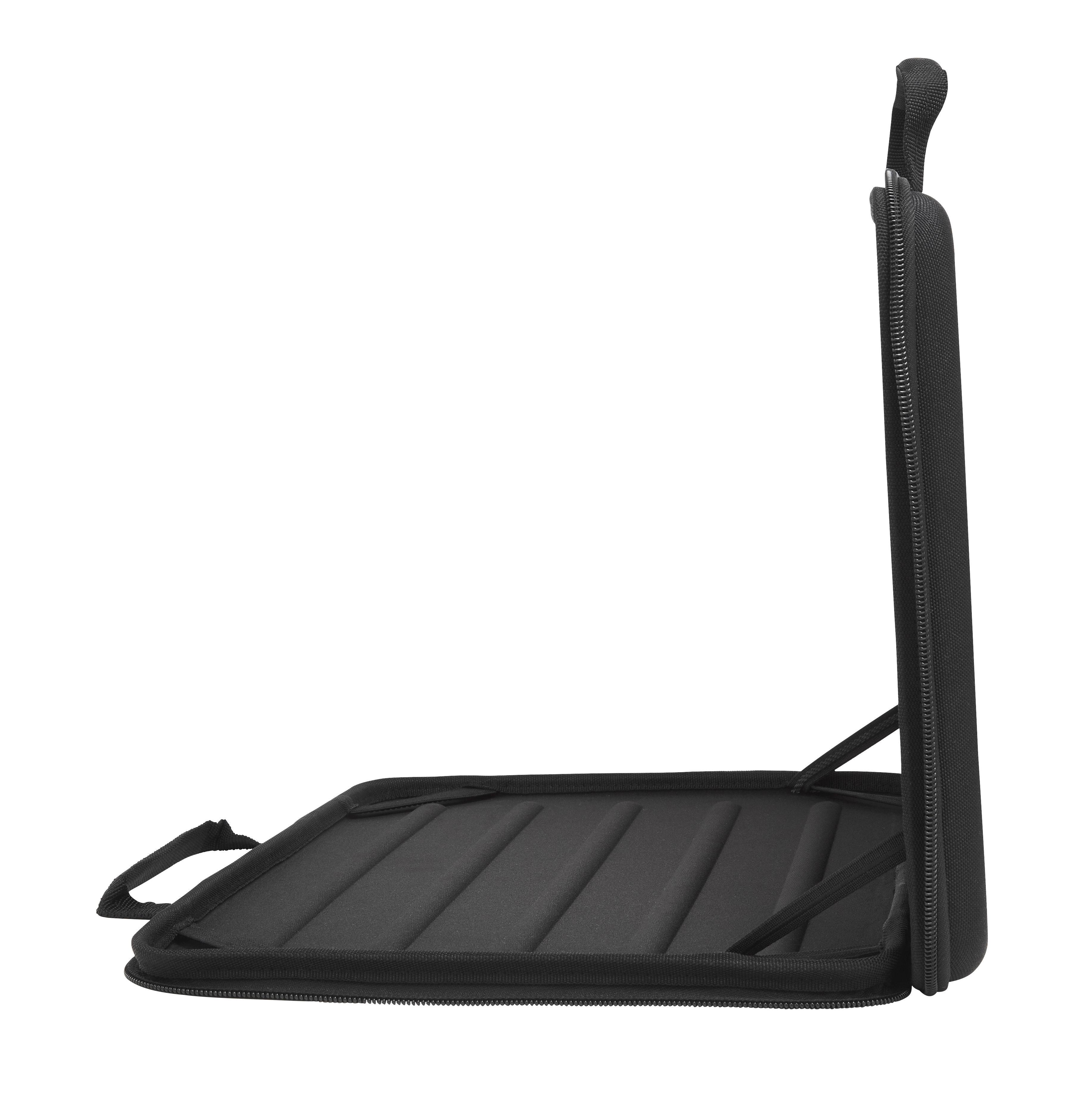Borsa nera per laptop, aperta e appoggiata, con manici.
