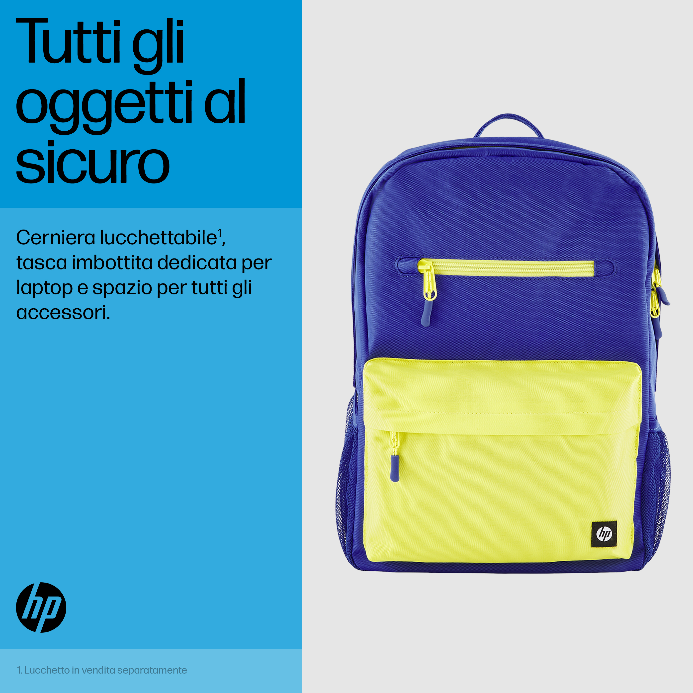 Zaino blu e giallo con tasche con cerniera e logo HP.