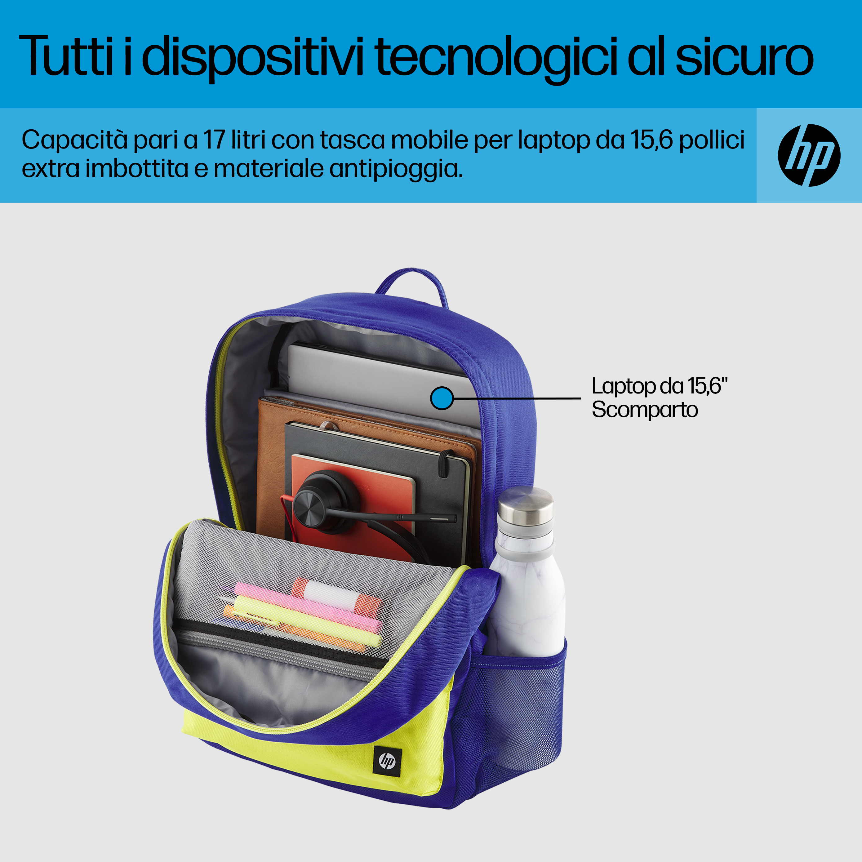 Zaino HP blu e giallo con scomparto per laptop, cuffie, taccuini e borraccia.