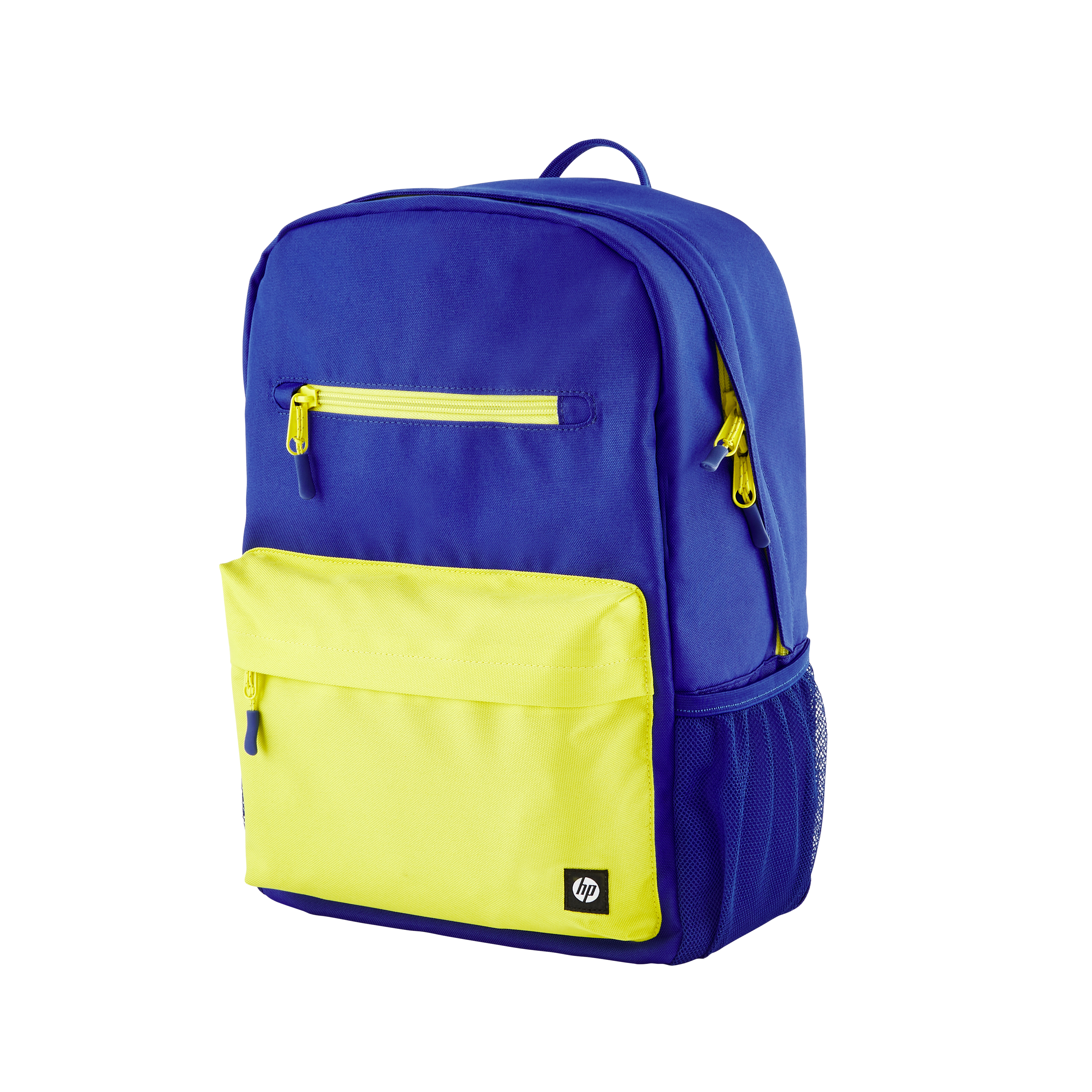 Uno zaino blu con tasca frontale gialla e logo HP.
