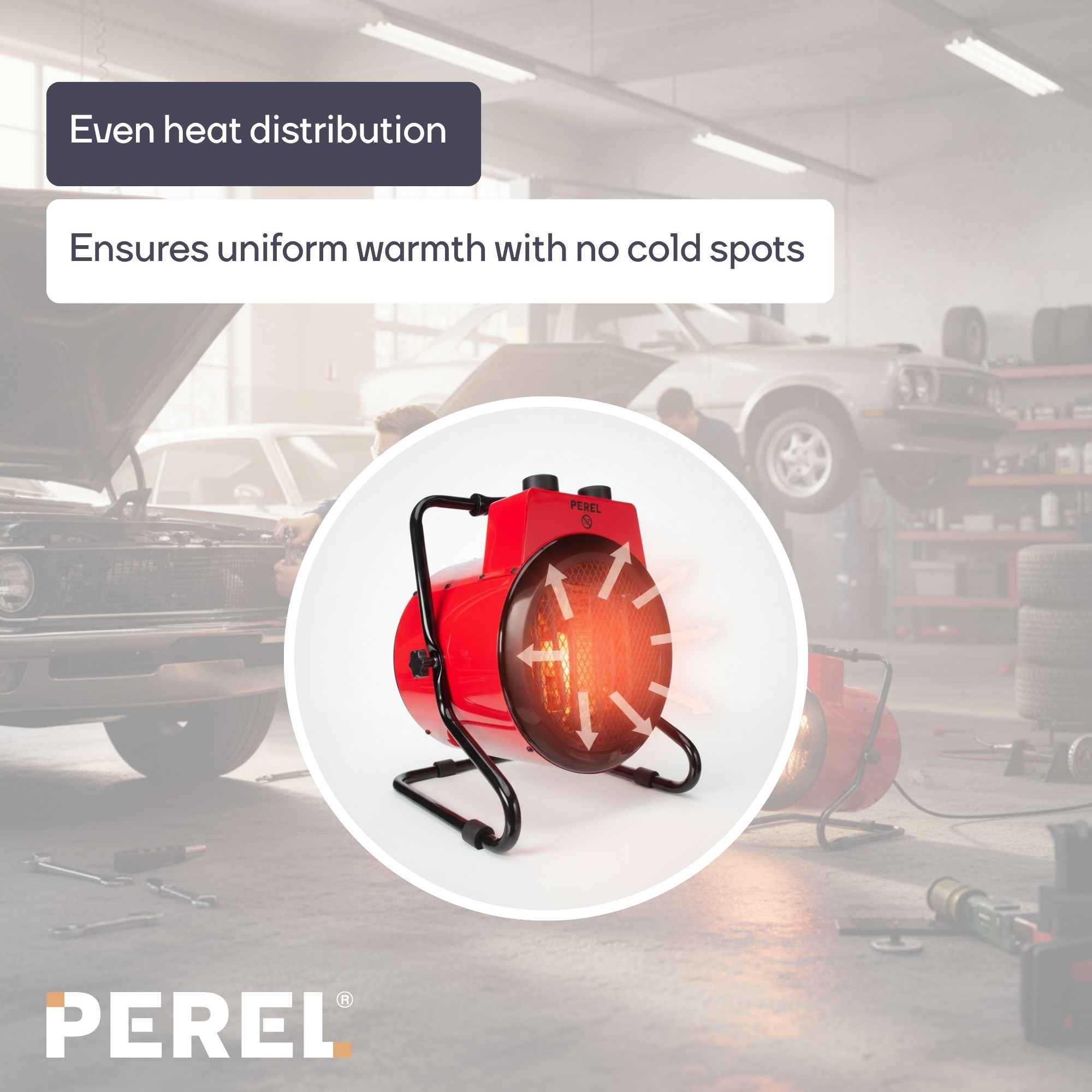 Stufa rossa con frecce che mostrano la distribuzione del calore in un garage con auto.