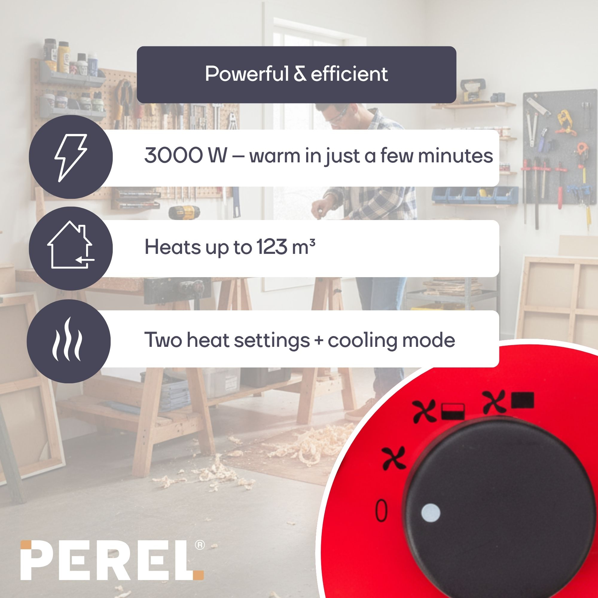 Stufa potente ed efficiente: 3000W, 123m³, 2 impostazioni calore + freddo. Officina.