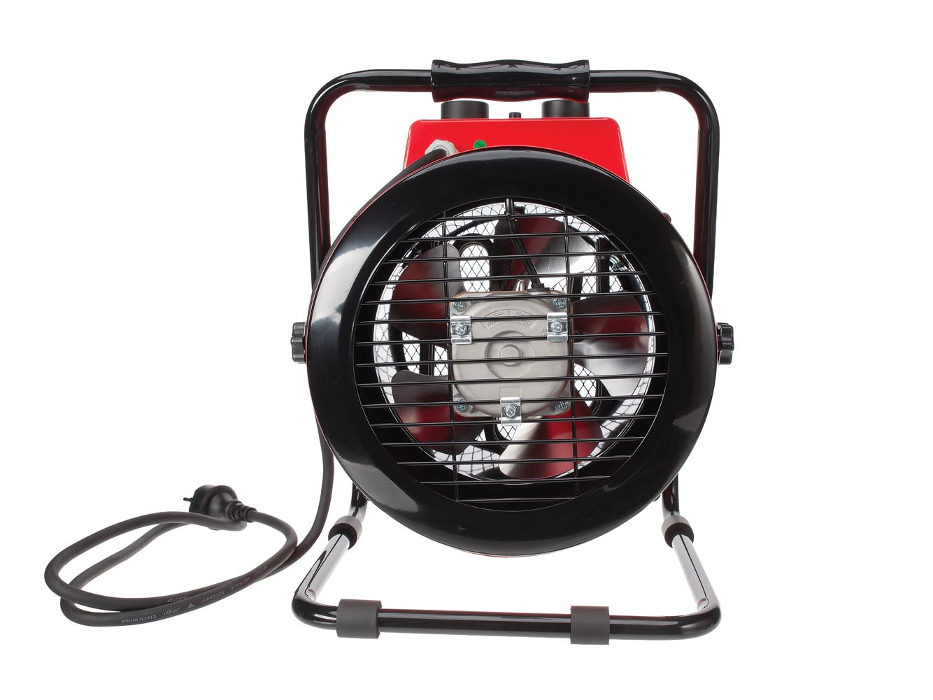 Ventilatore termico rosso con griglia e manico neri su sfondo bianco.