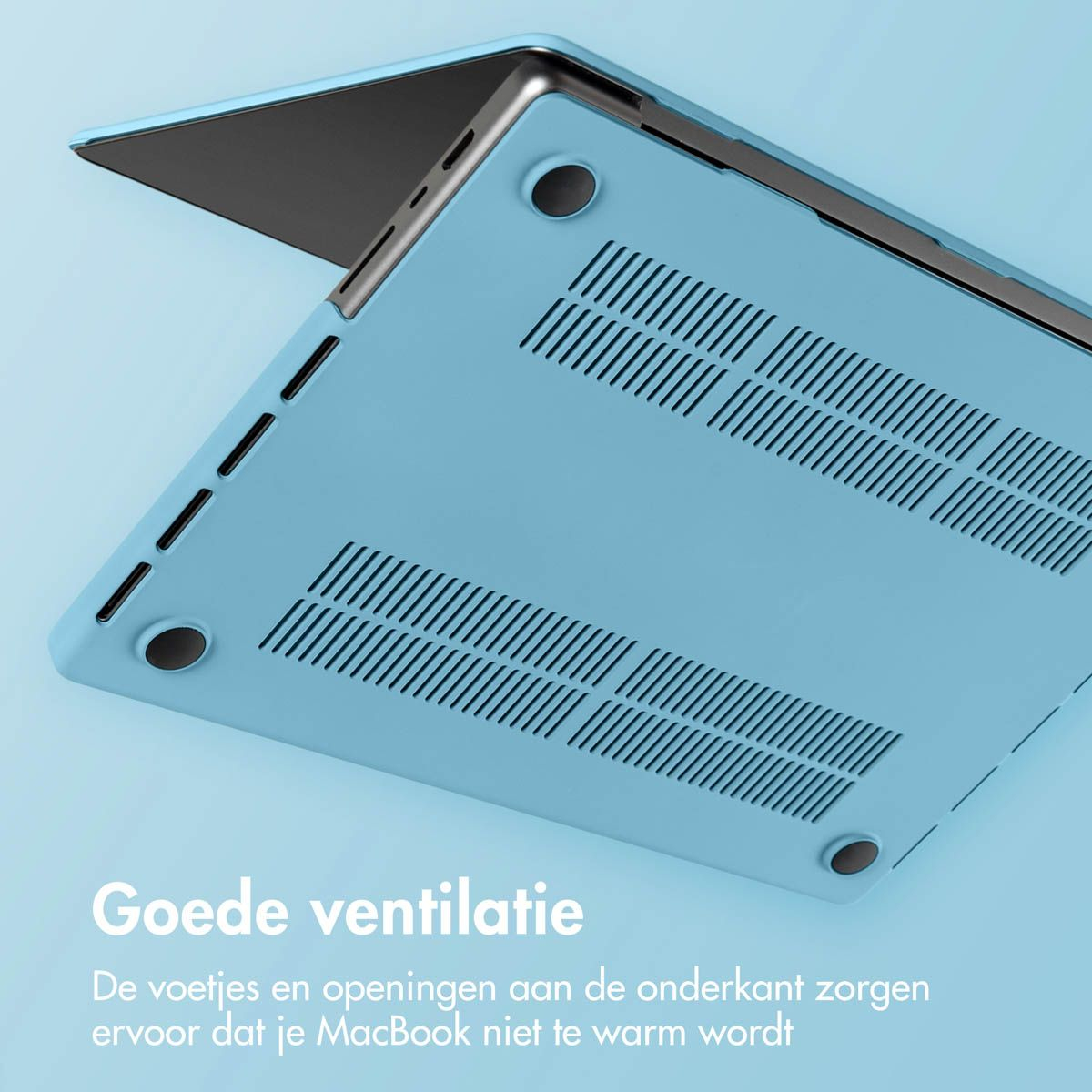Light blue laptop case, underside with vents and feet.