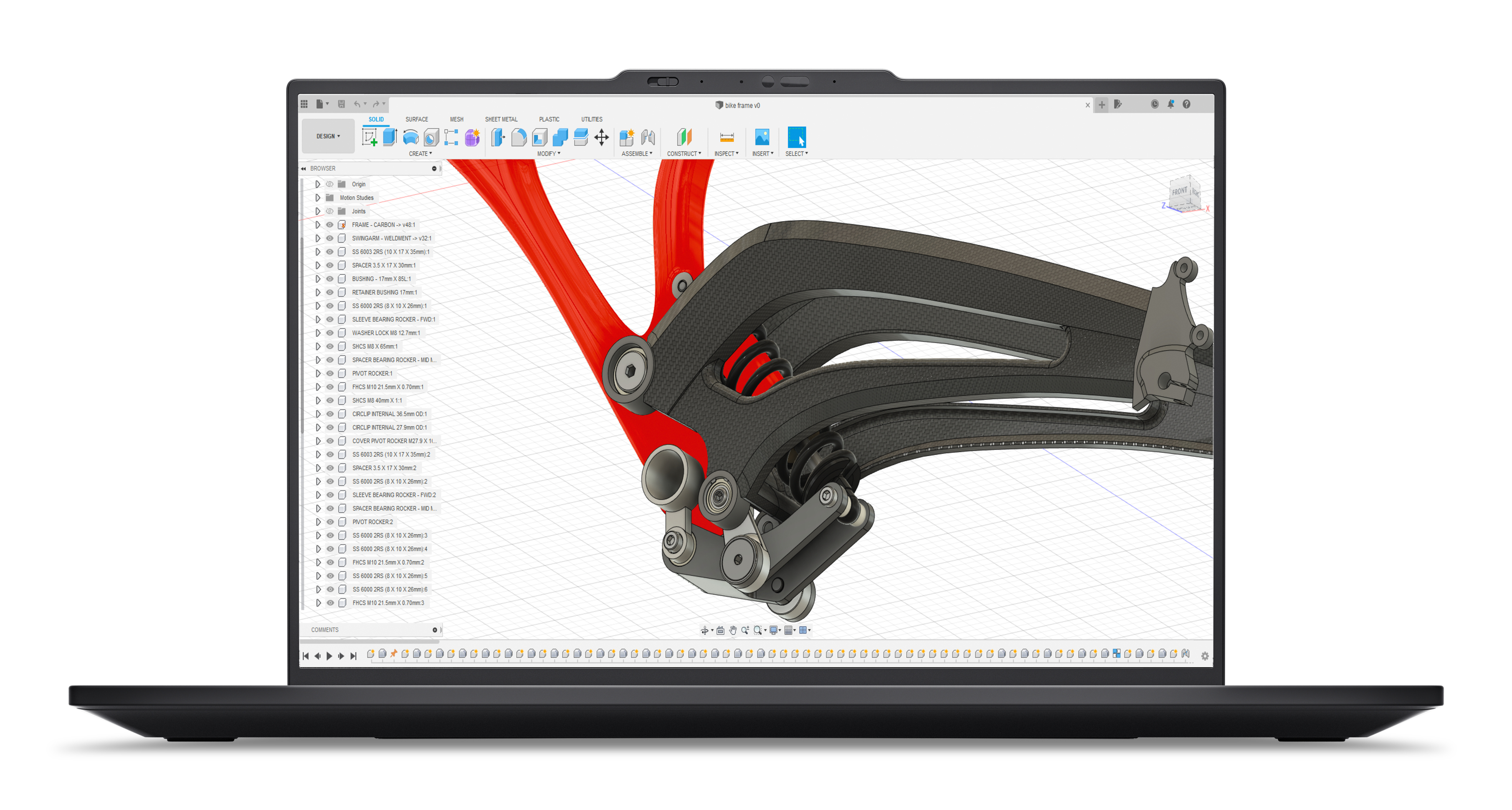 Modello 3D di un telaio di bicicletta con sospensioni e lista dettagliata parti.
