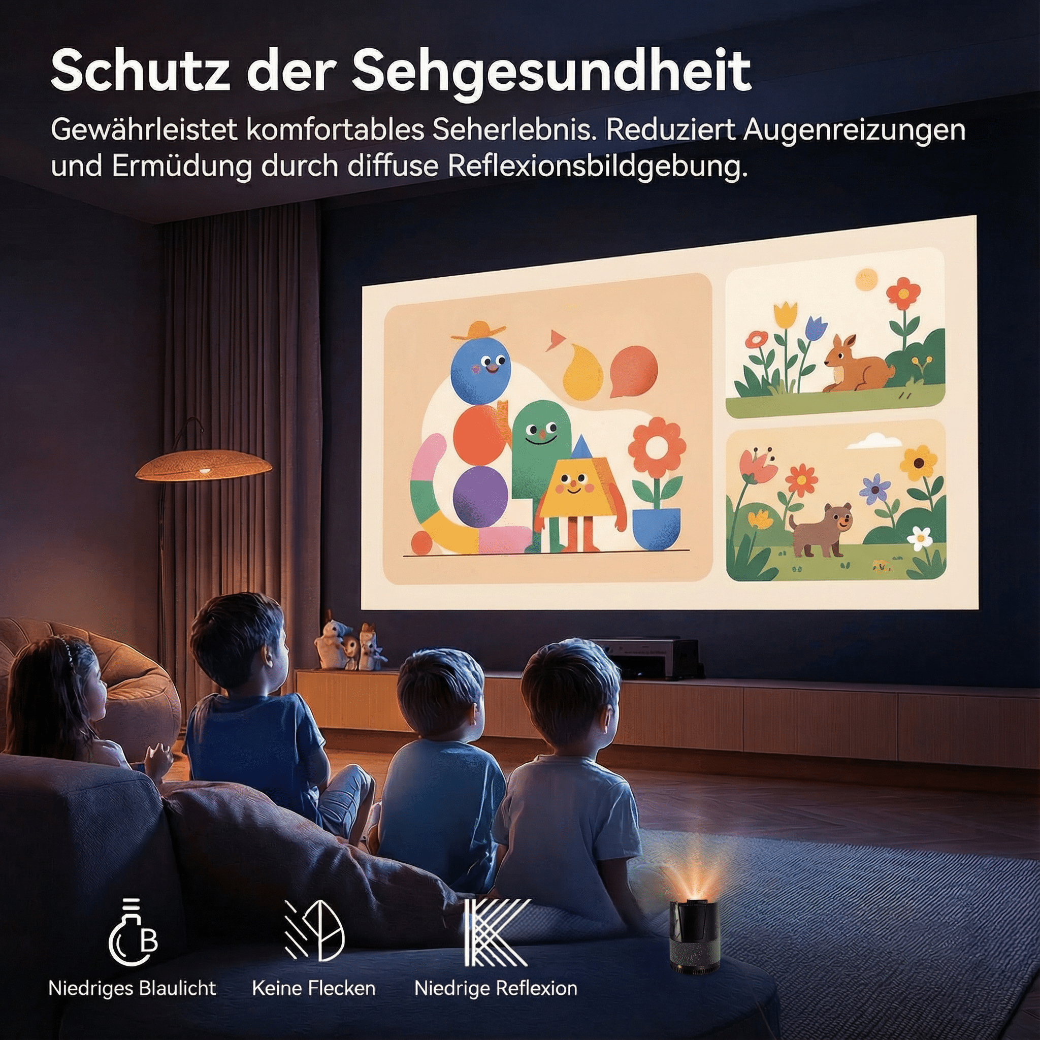 Kinder schauen auf einen Projektor, der bunte Bilder anzeigt.